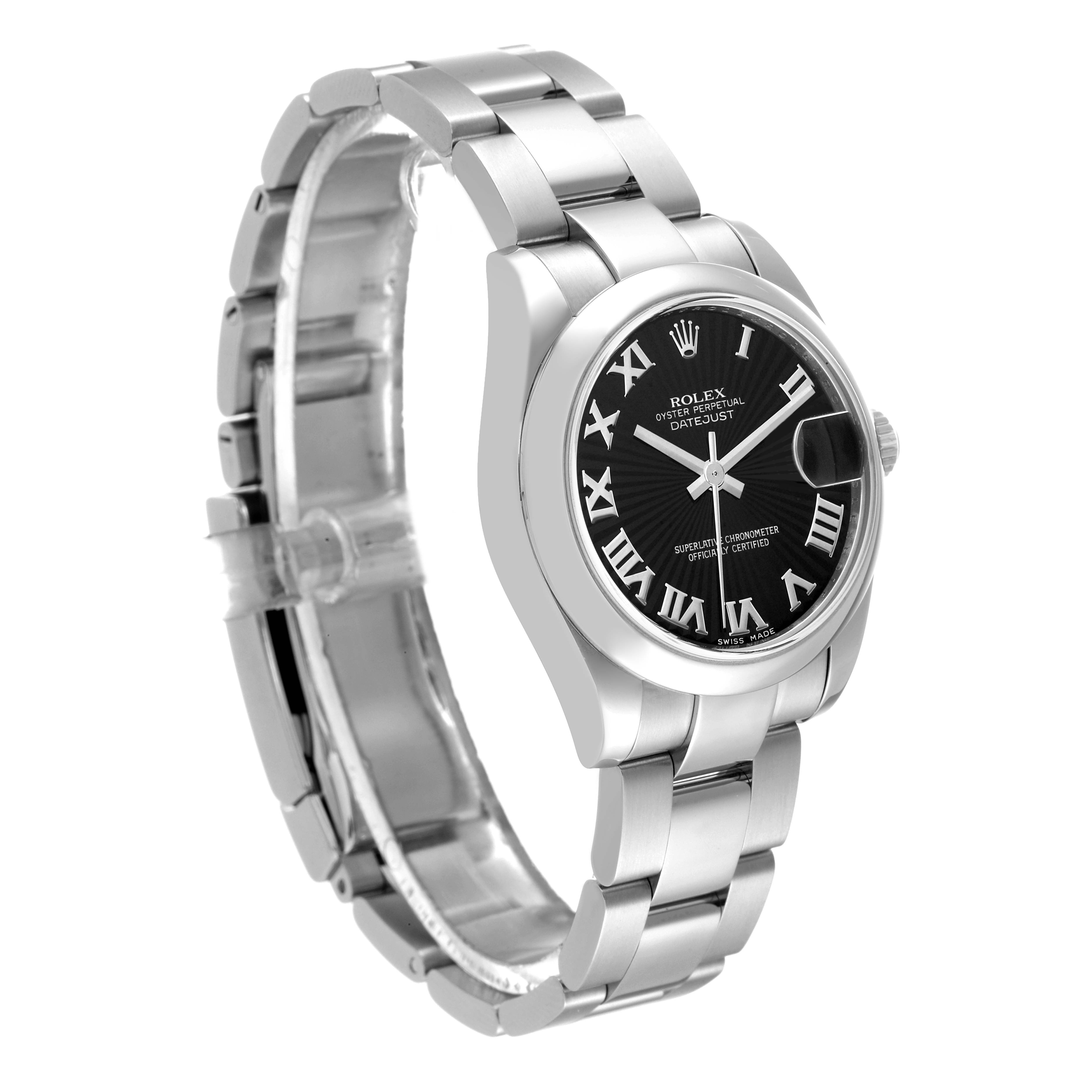 This image shows a side angle of a Rolex Mid-Size 178240 Women's Stainless Steel Black Dial 178240 Women's Stainless Steel Black Dial Datejust watch, highlighting its black dial, Roman numerals, and stainless steel bracelet.