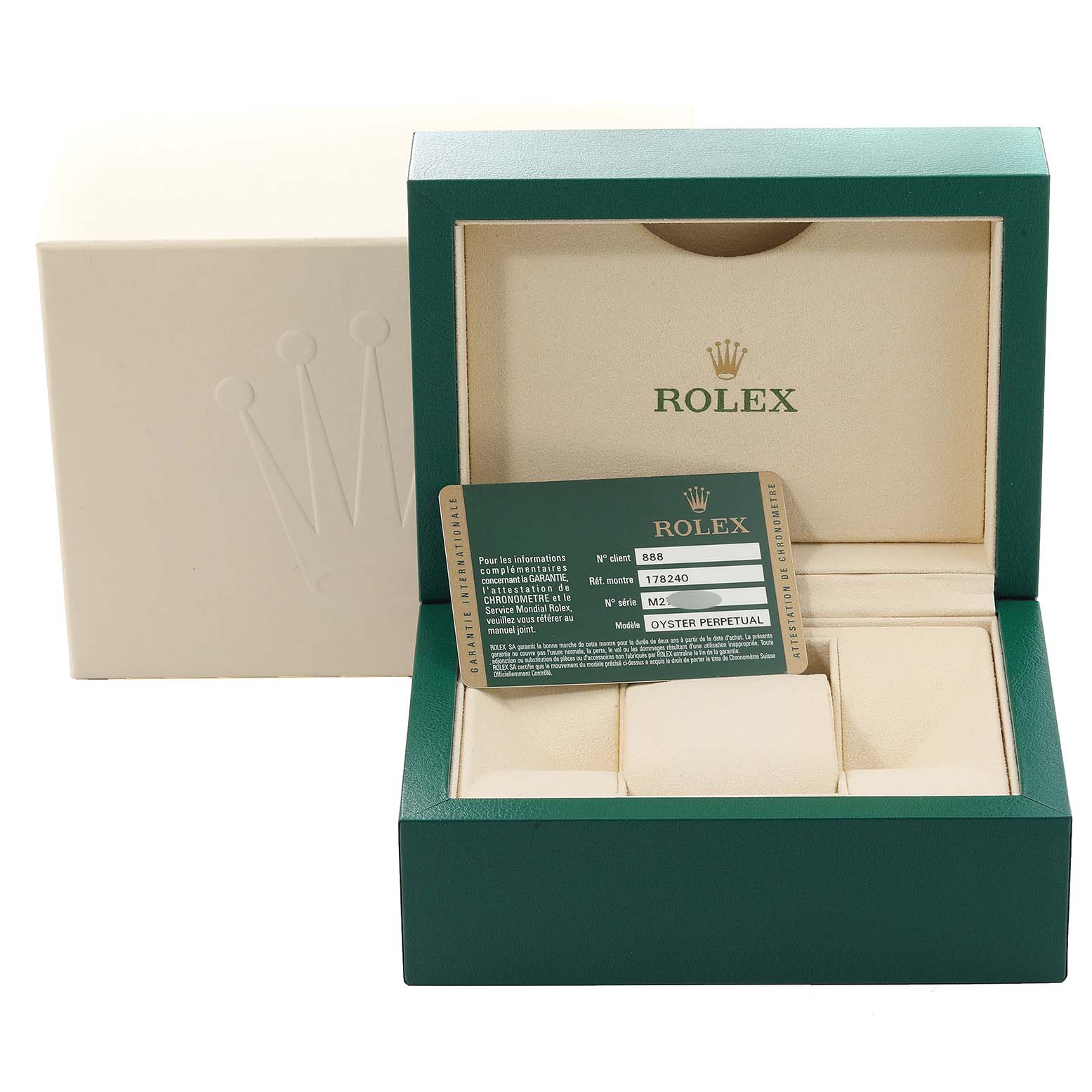 The image shows the packaging, inner box, and certification card for a Mid-Size Rolex watch model.