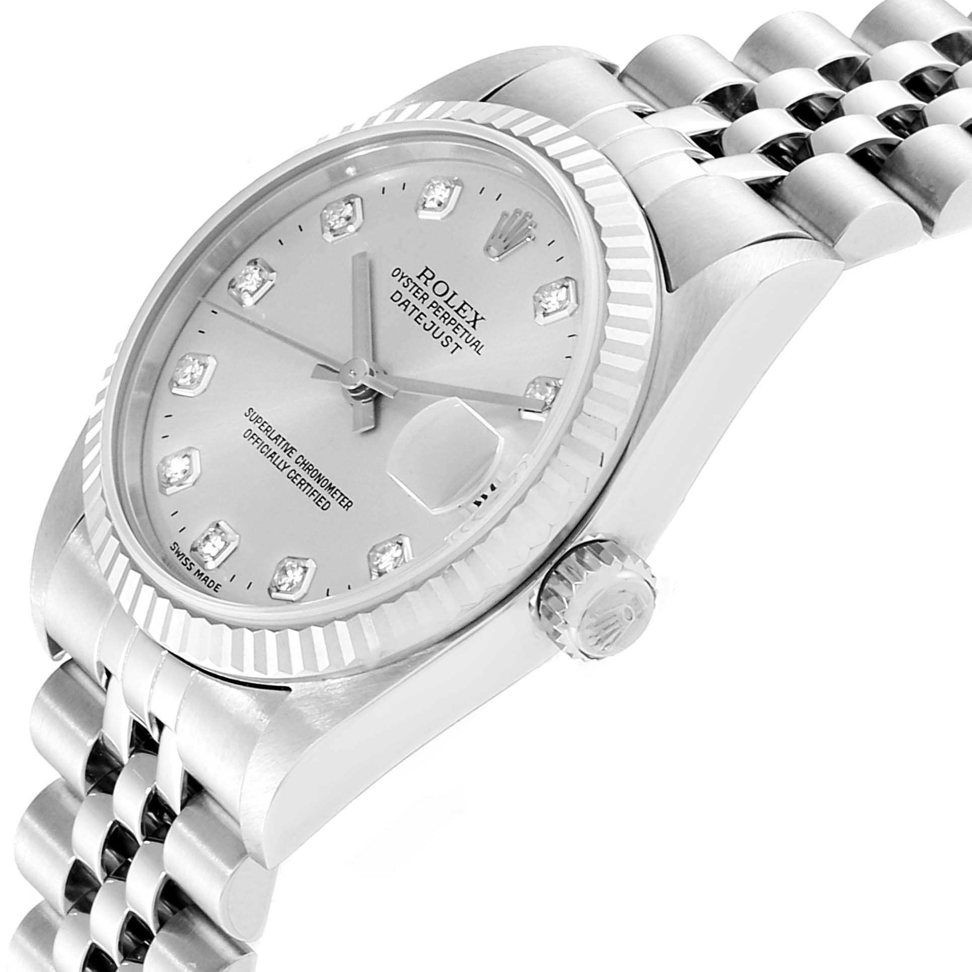 The image shows a side angle of a mid-size Rolex Datejust watch, displaying the face, bezel, and part of the bracelet.