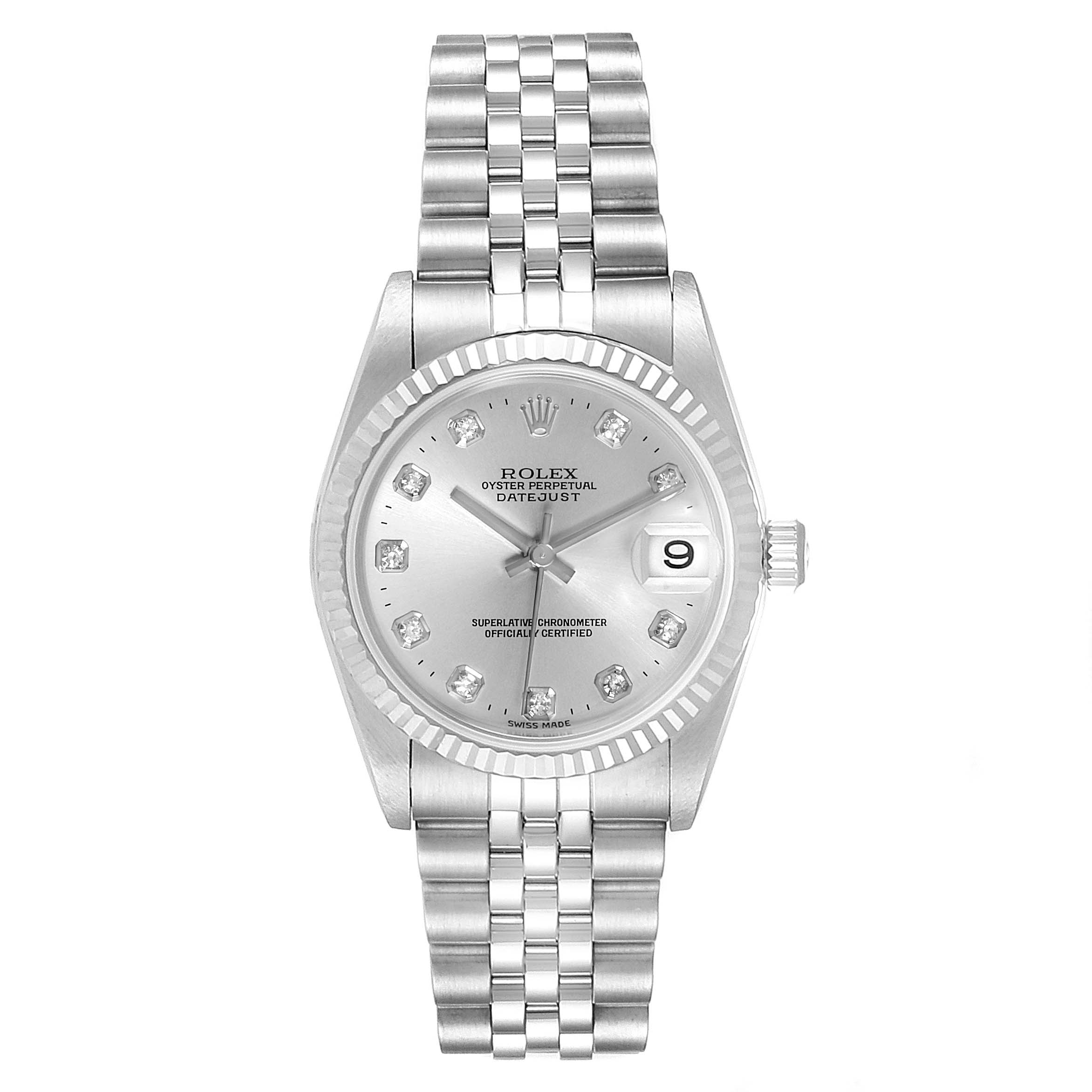 The image shows a front view of the Rolex Mid-Size 78274 Women
s Stainless Steel Silver Dial 78274 Women
s Stainless Steel Silver Dial Oyster Perpetual Datejust watch, showcasing its face, dial, bracelet, and crown.