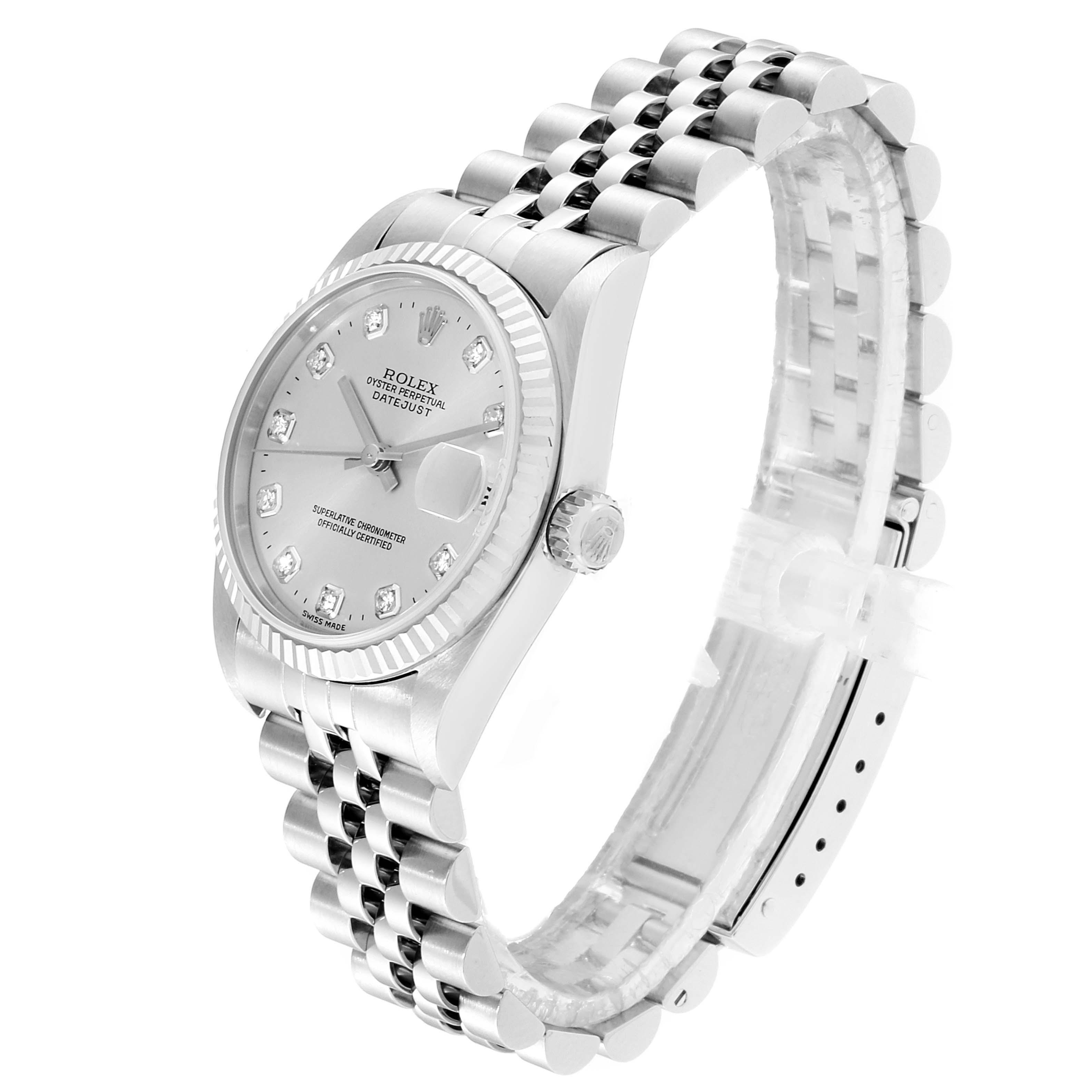 This Rolex Mid-Size 78274 Women
s Stainless Steel Silver Dial 78274 Women
s Stainless Steel Silver Dial watch is shown from a 3/4 angle, displaying the face, bezel, crown, and bracelet.