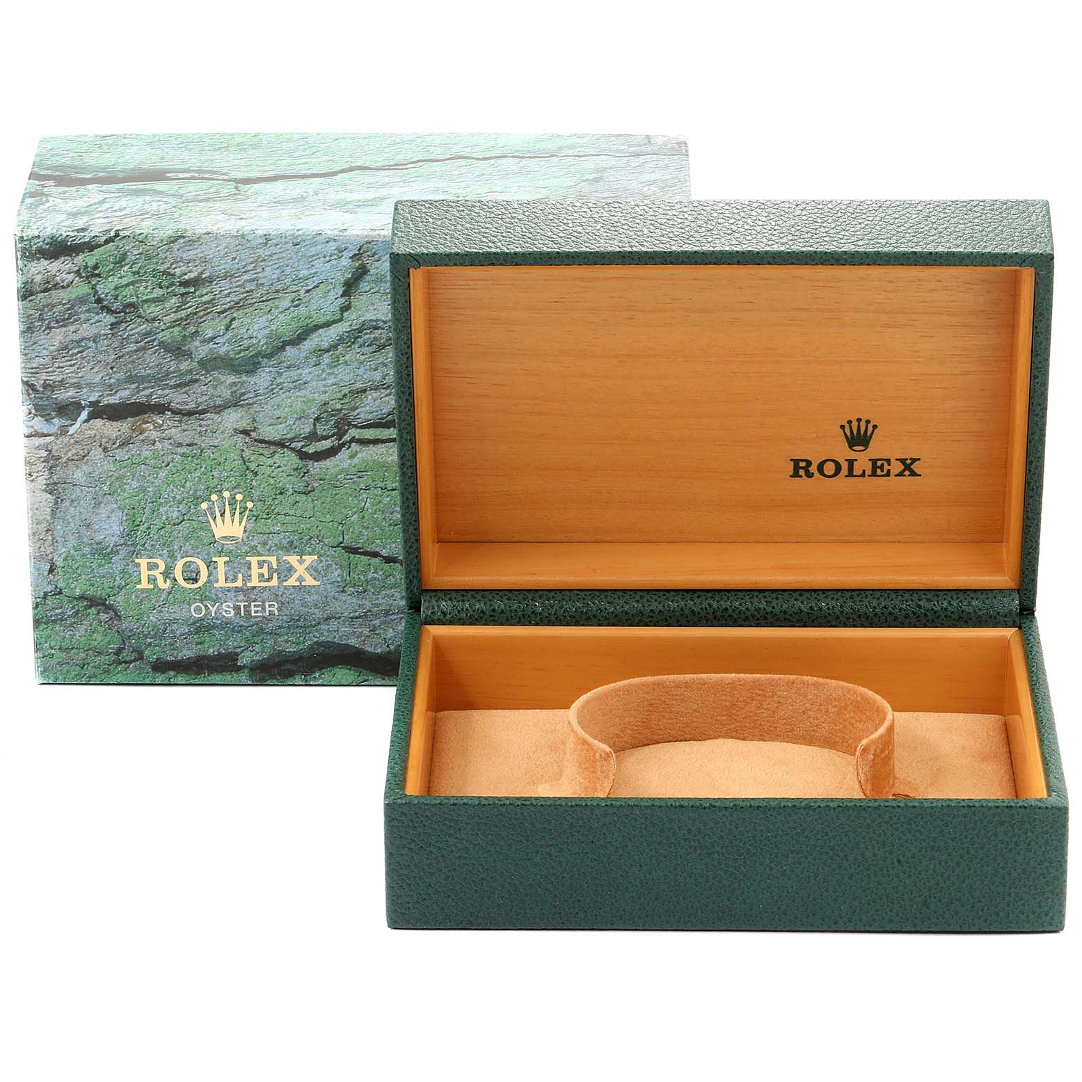 This image shows an empty Rolex Mid-Size 78274 Women
s Stainless Steel Silver Dial 78274 Women
s Stainless Steel Silver Dial watch box and green outer packaging from a front angle.