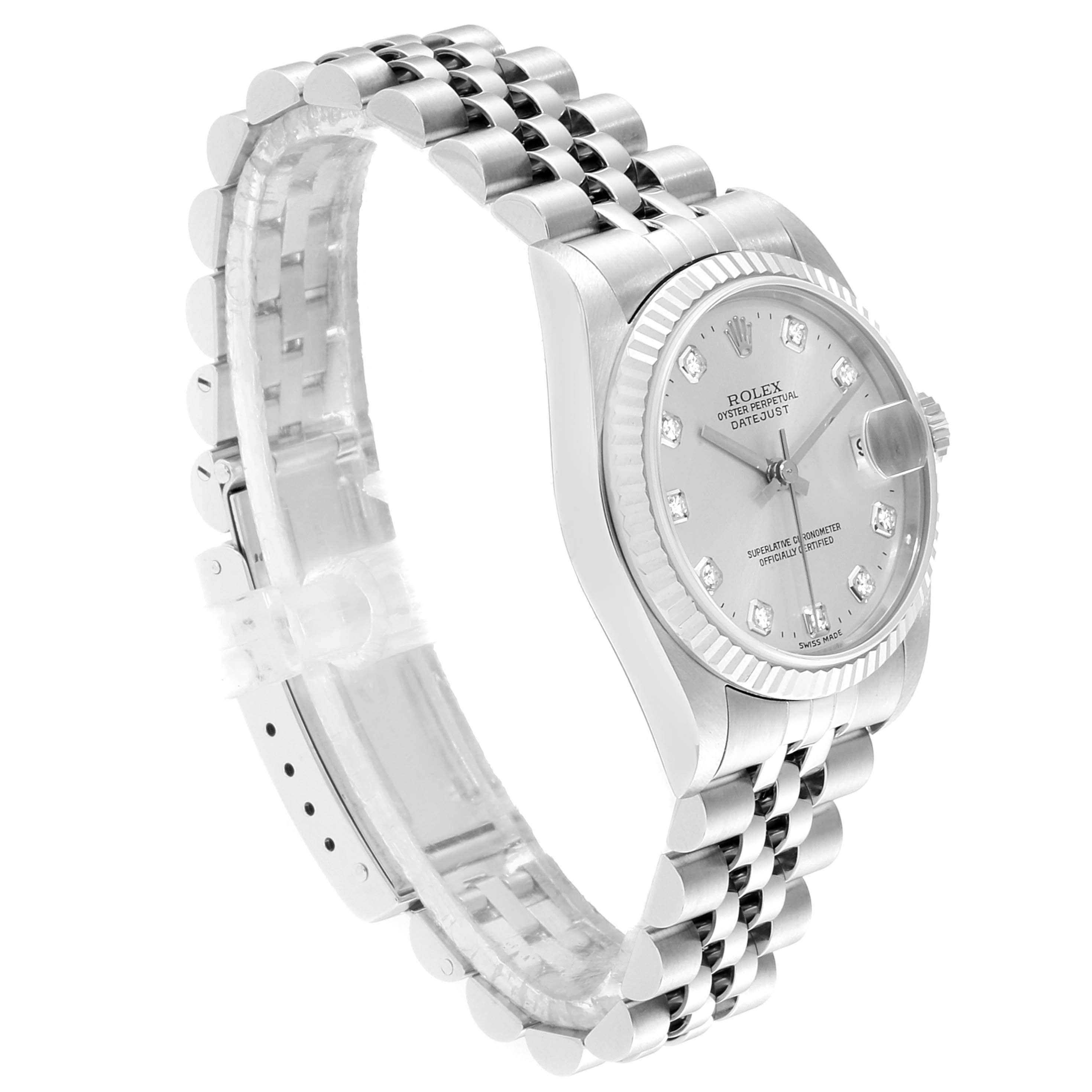 The image shows a side and angled view of a Rolex Mid-Size 78274 Women
s Stainless Steel Silver Dial 78274 Women
s Stainless Steel Silver Dial watch, prominently displaying the dial, bezel, and bracelet.