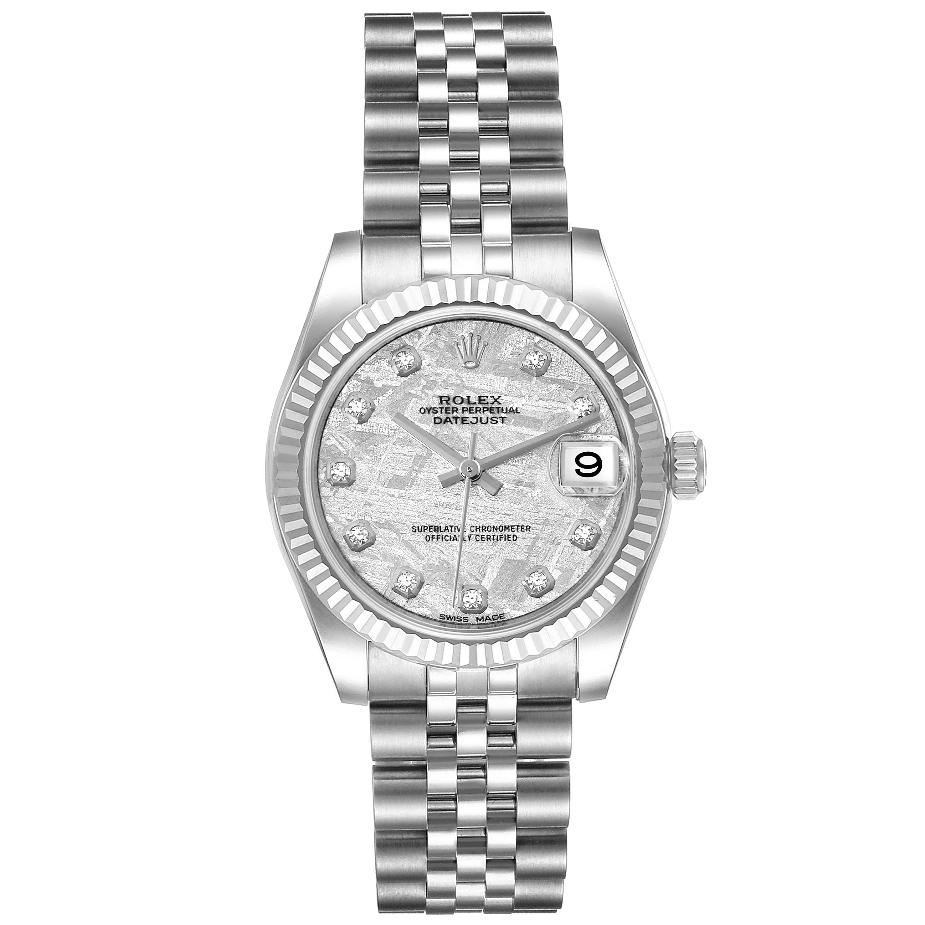 The image shows the Rolex Mid-Size 178274 Women's Stainless Steel Silver Dial 178274 Women's Stainless Steel Silver Dial Oyster Perpetual Datejust watch, featuring its face and bracelet from a front angle.