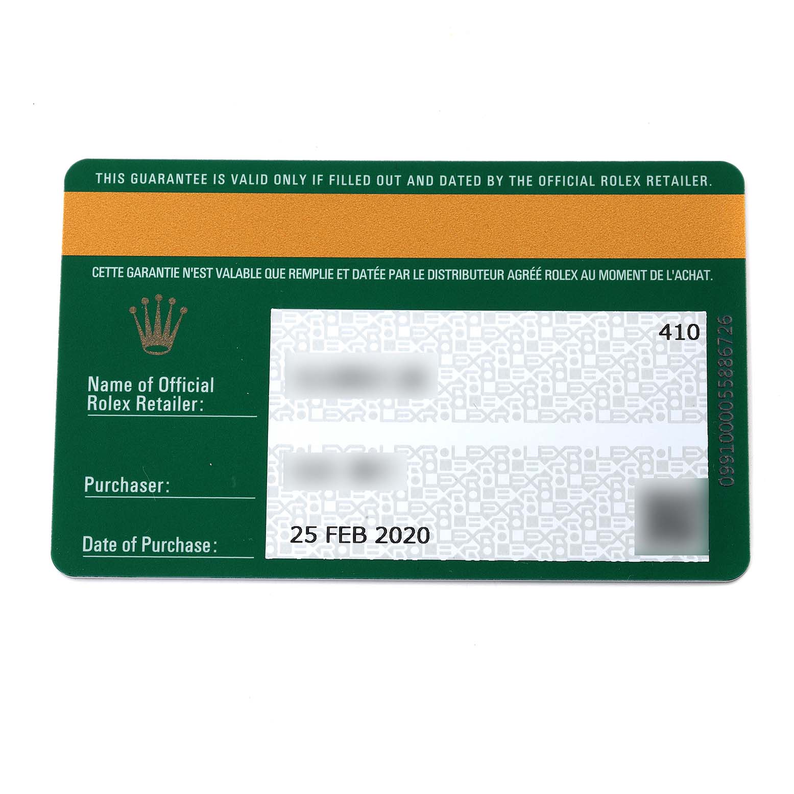 This image shows the guarantee card for a Mid-Size Rolex watch, featuring retailer and purchase information.