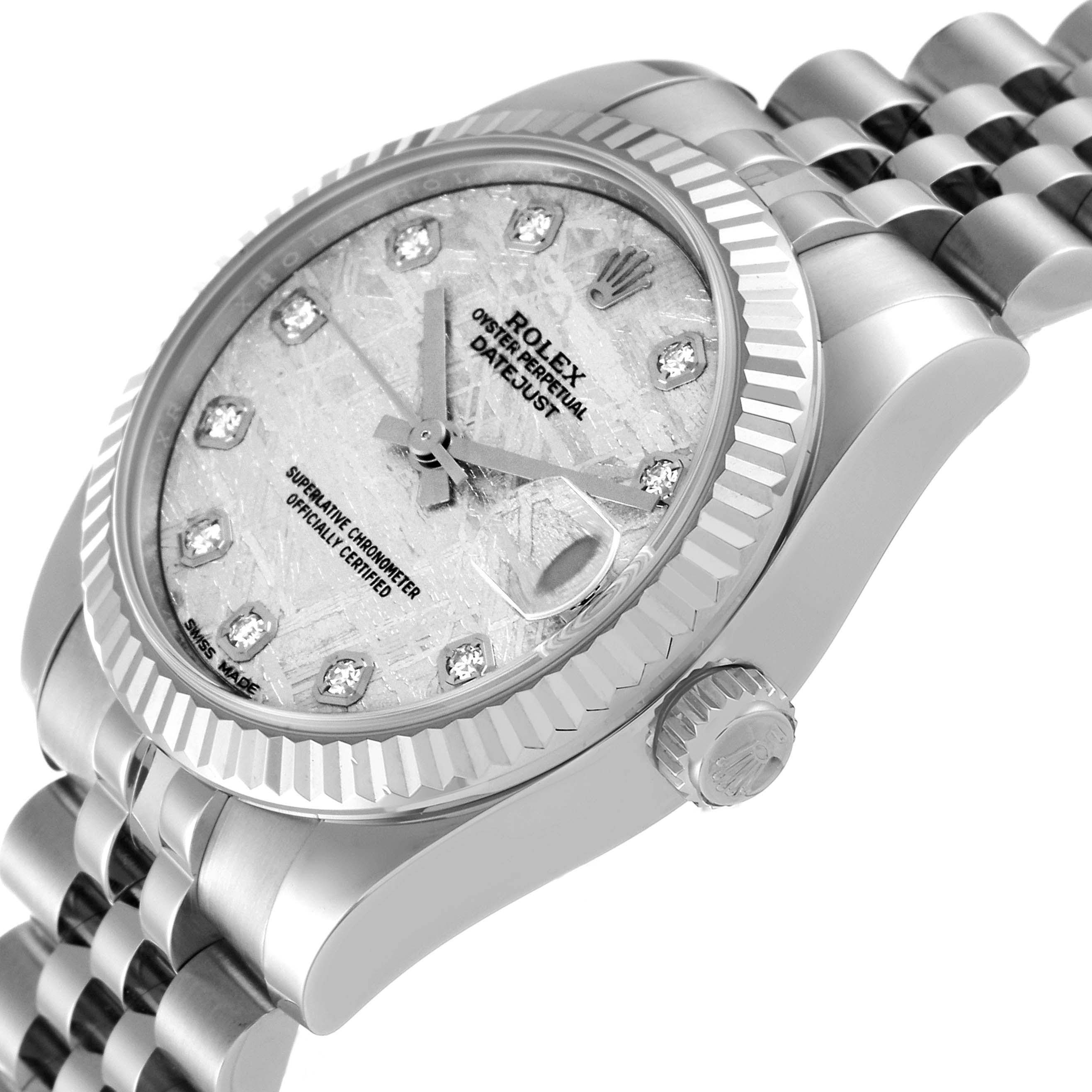 The image shows a Rolex Datejust Mid-Size watch at a three-quarter angle, highlighting the face, bezel, and crown.