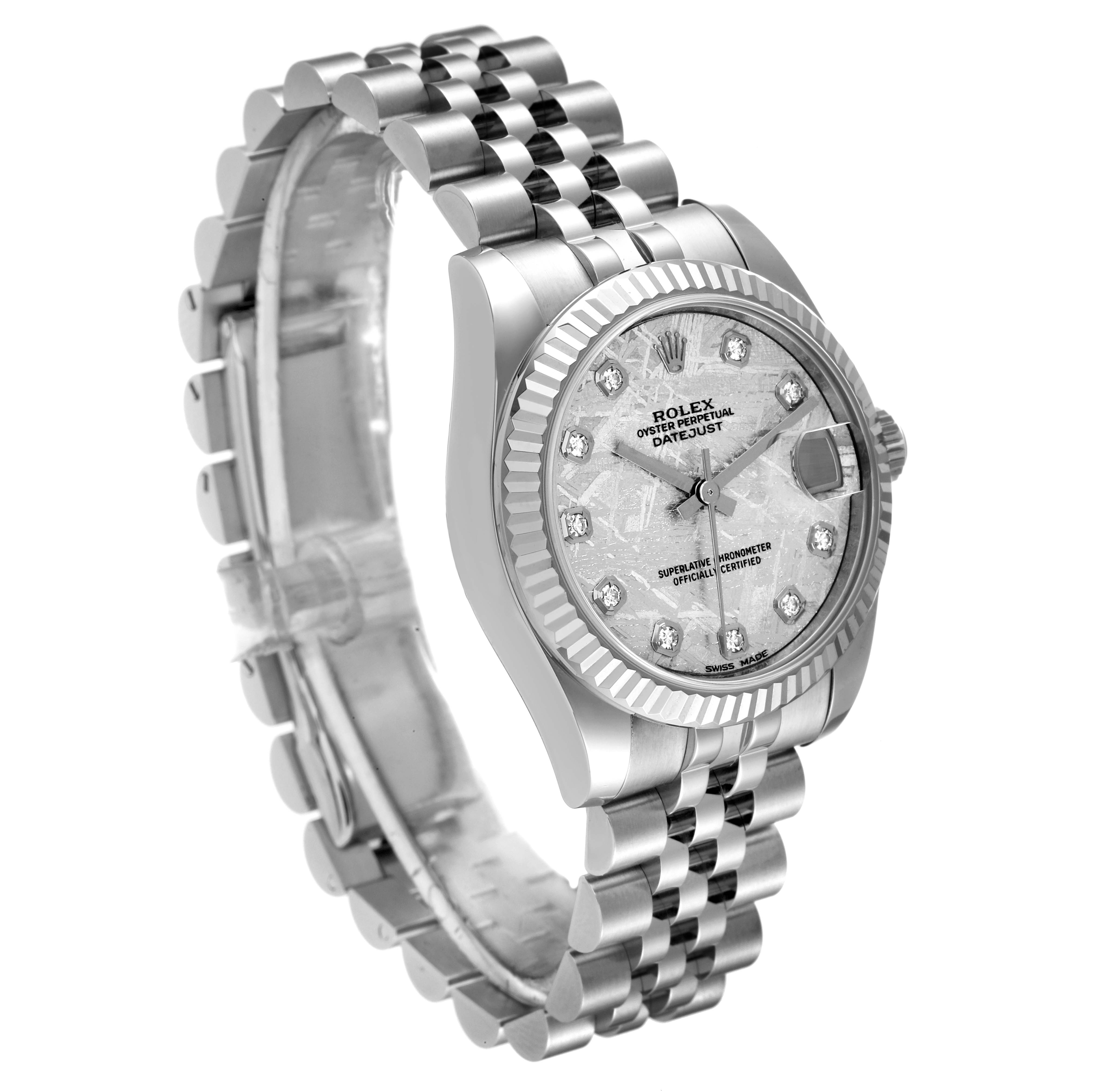 This image shows a Rolex Mid-Size 178274 Women's Stainless Steel Silver Dial 178274 Women's Stainless Steel Silver Dial Oyster Perpetual Datejust watch at a three-quarter angle, highlighting the face, bezel, and bracelet.