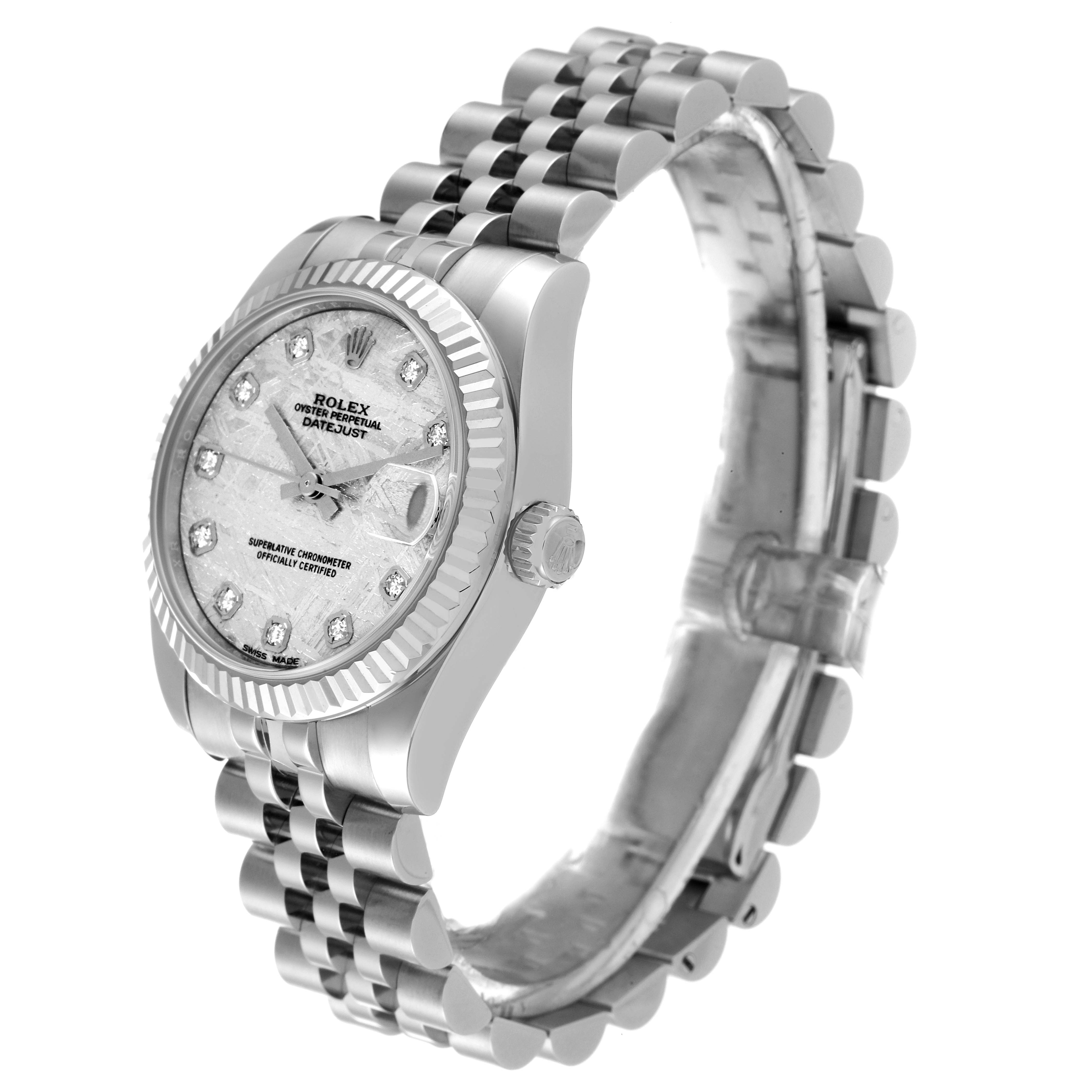 The image shows a side and front angle of a mid-size Rolex Datejust, featuring the bezel, dial, crown, and bracelet.