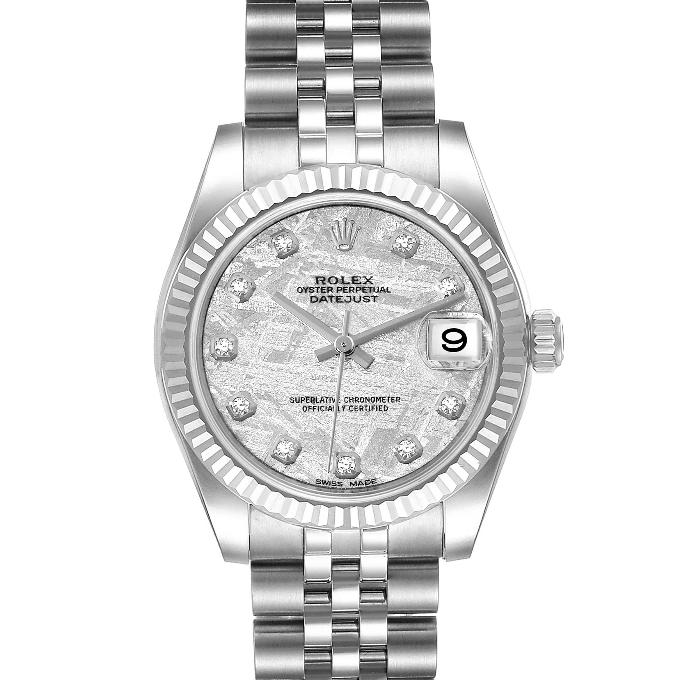 The Rolex Mid-Size 178274 Women's Stainless Steel Silver Dial 178274 Women's Stainless Steel Silver Dial Datejust watch is shown from the front, featuring a textured dial, date window, and stainless steel bracelet.