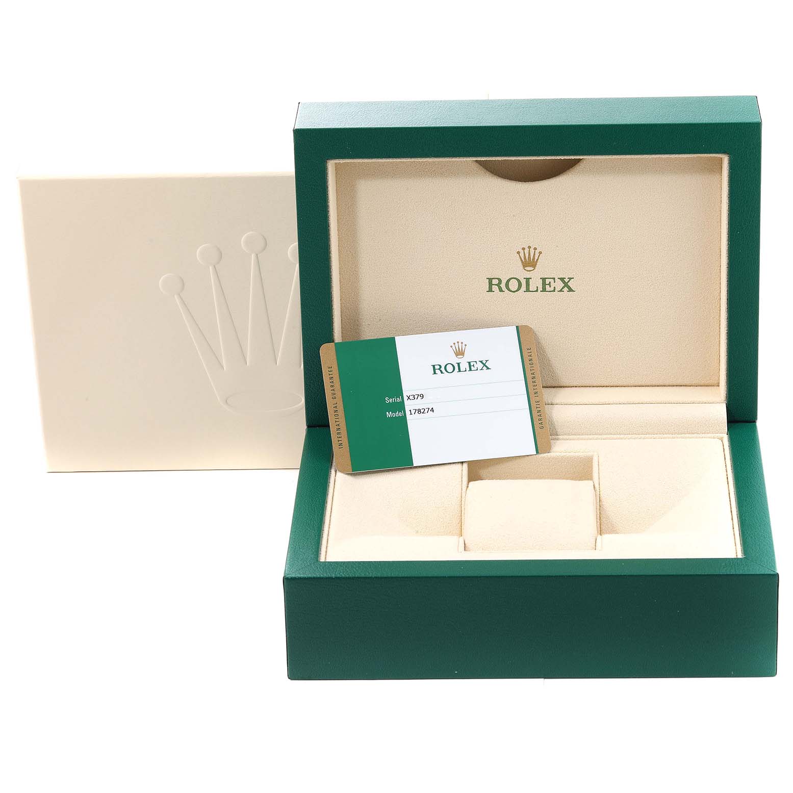 The image shows the open box and authenticity card for the Rolex Mid-Size 178274 Women's Stainless Steel Silver Dial 178274 Women's Stainless Steel Silver Dial model 178274.