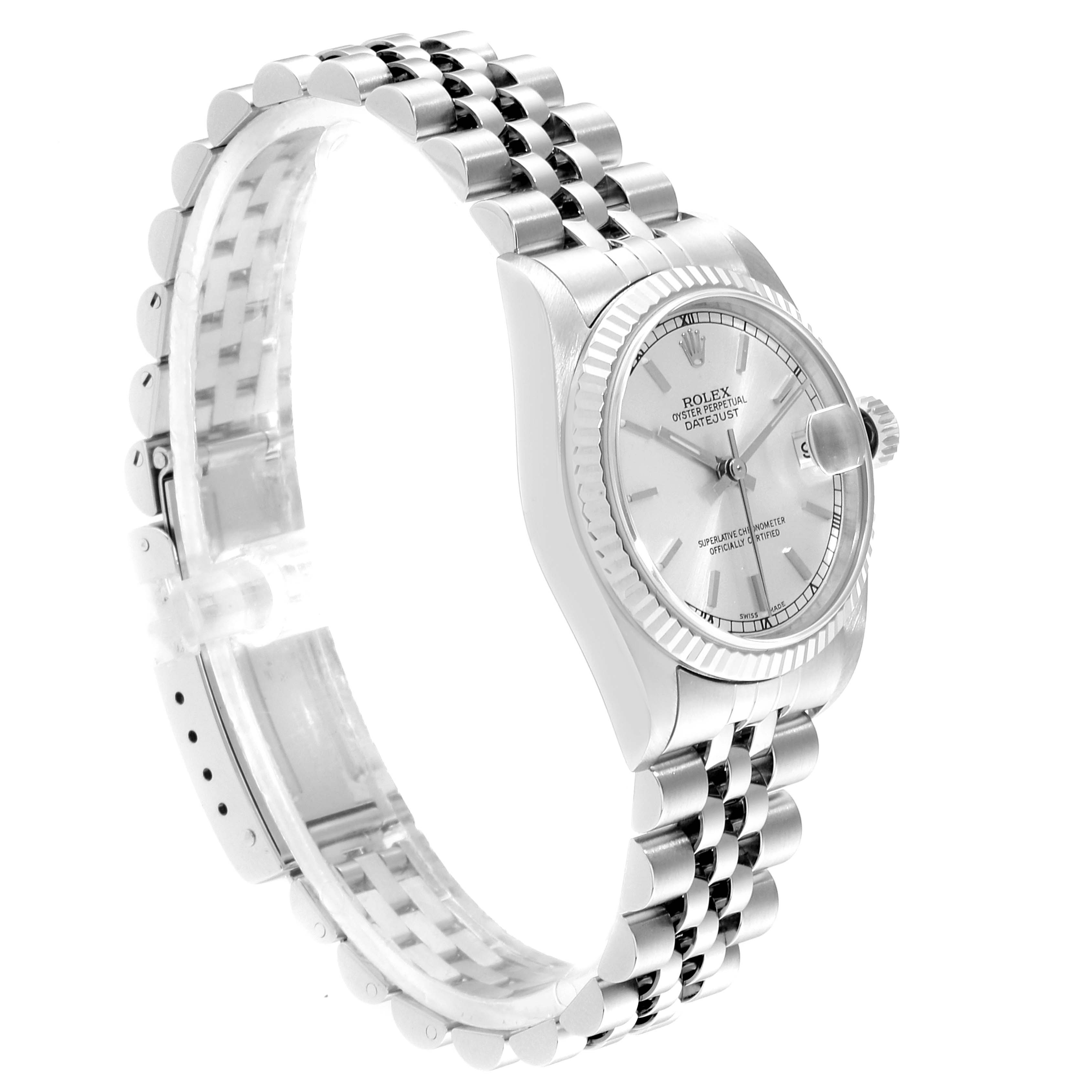 The image shows a side view of a Rolex Mid-Size 78274 Women
s Stainless Steel Silver Dial 78274 Women
s Stainless Steel Silver Dial watch, highlighting its Jubilee bracelet and silver dial.