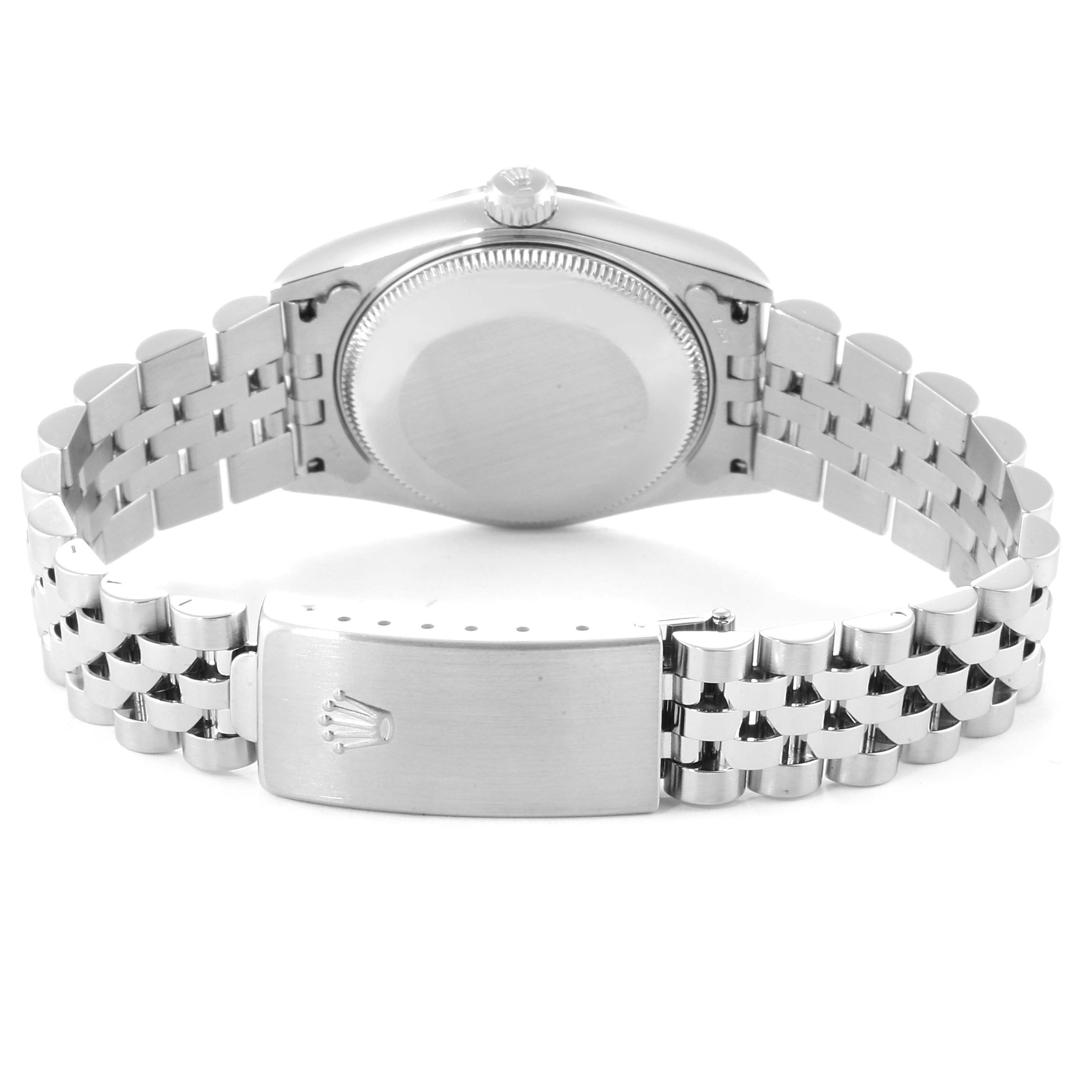 The image shows the back view of a Rolex Mid-Size 78274 Women
s Stainless Steel Silver Dial 78274 Women
s Stainless Steel Silver Dial model watch, highlighting the case back and clasp.