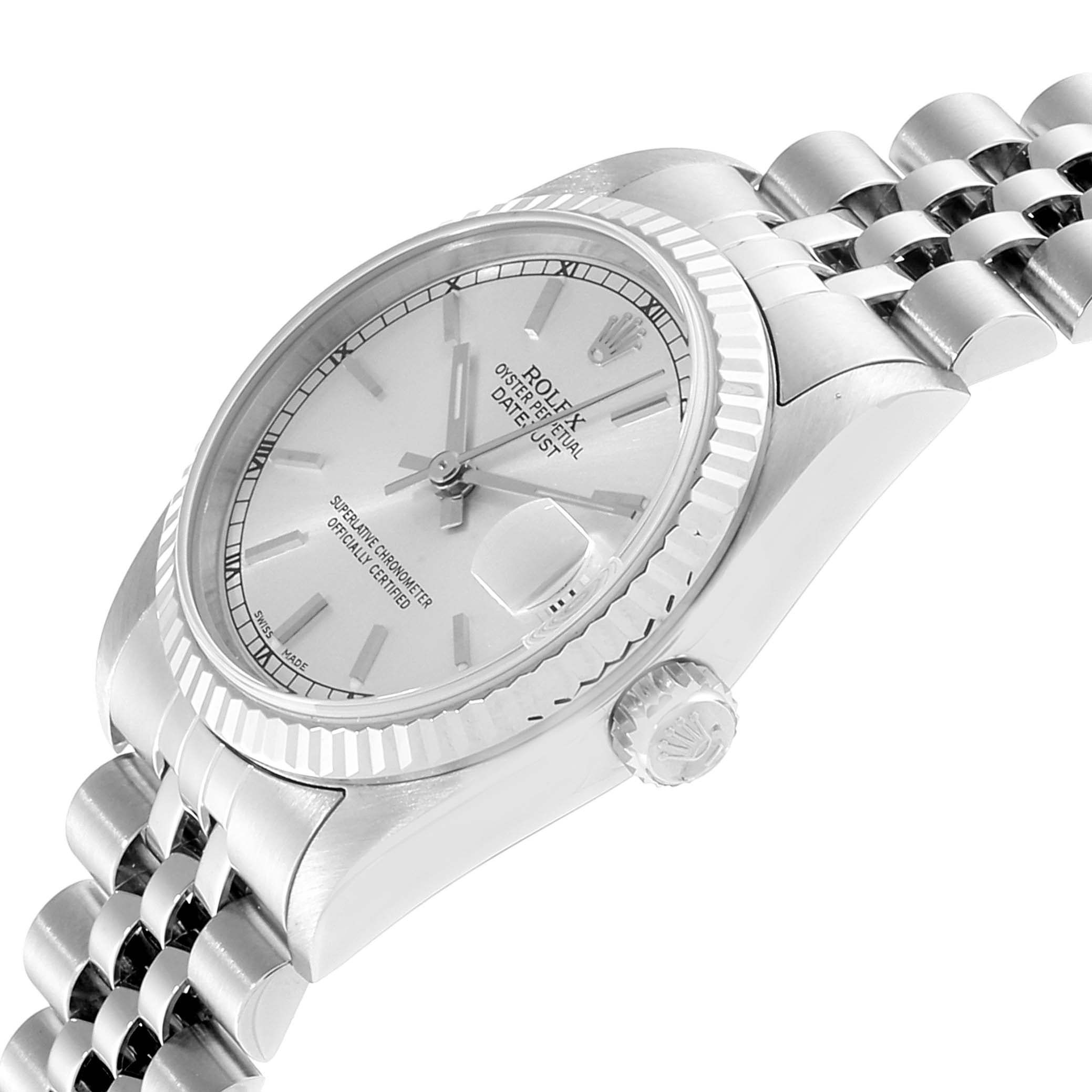 The image shows an angled view of a Rolex Mid-Size 78274 Women
s Stainless Steel Silver Dial 78274 Women
s Stainless Steel Silver Dial Datejust, highlighting its face, bezel, crown, and part of the bracelet.