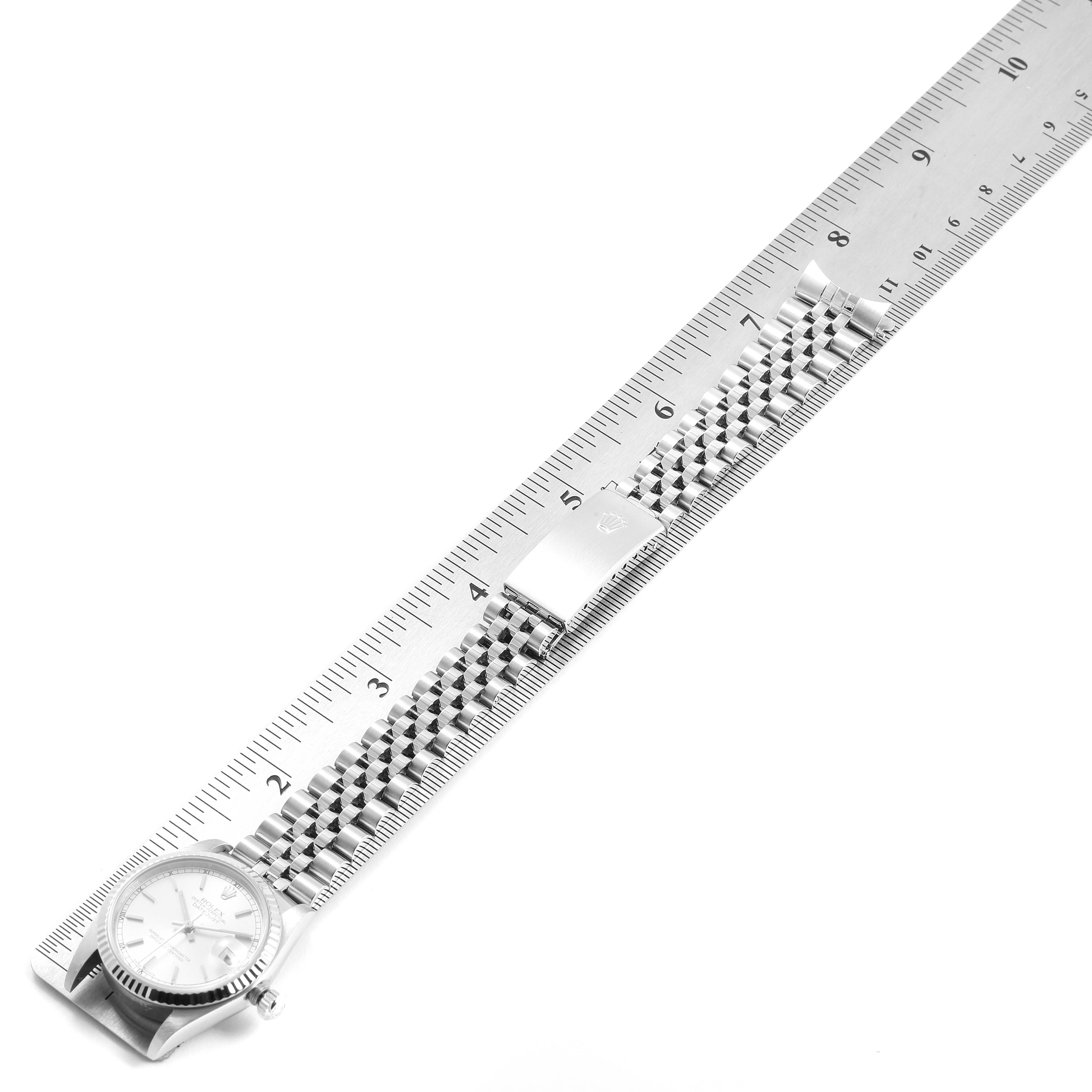 The Rolex Mid-Size 78274 Women
s Stainless Steel Silver Dial 78274 Women
s Stainless Steel Silver Dial watch is shown from a top-down angle, displaying the face, bezel, bracelet, and deployment clasp.