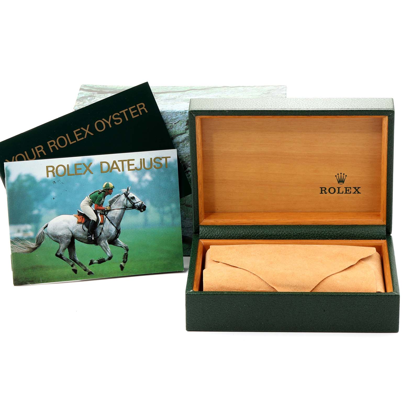 The image shows the packaging and accessories for a Rolex Mid-Size 78274 Women
s Stainless Steel Silver Dial 78274 Women
s Stainless Steel Silver Dial Datejust, including the box and booklets.