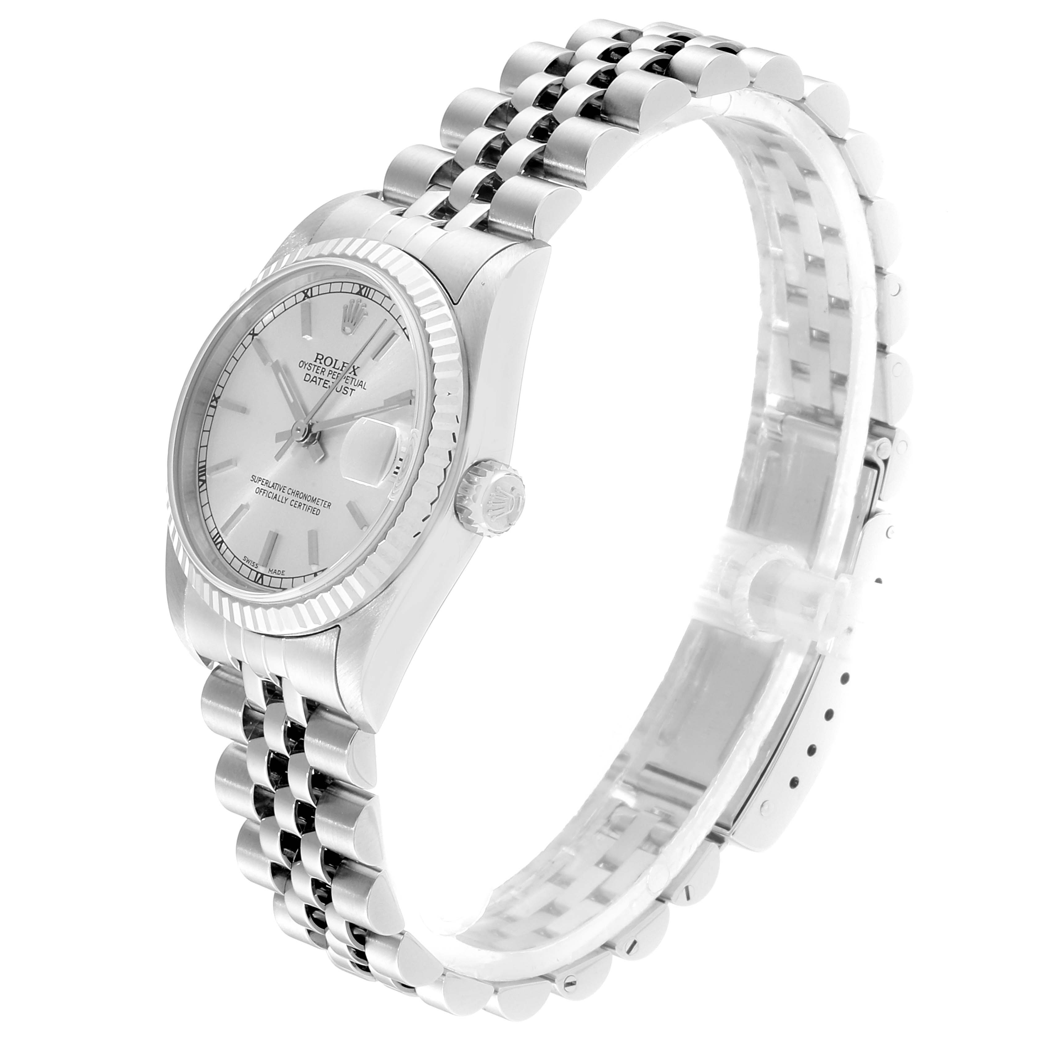 The image shows a side view of a Mid-Size Rolex watch, highlighting its silver dial, fluted bezel, and Jubilee bracelet.
