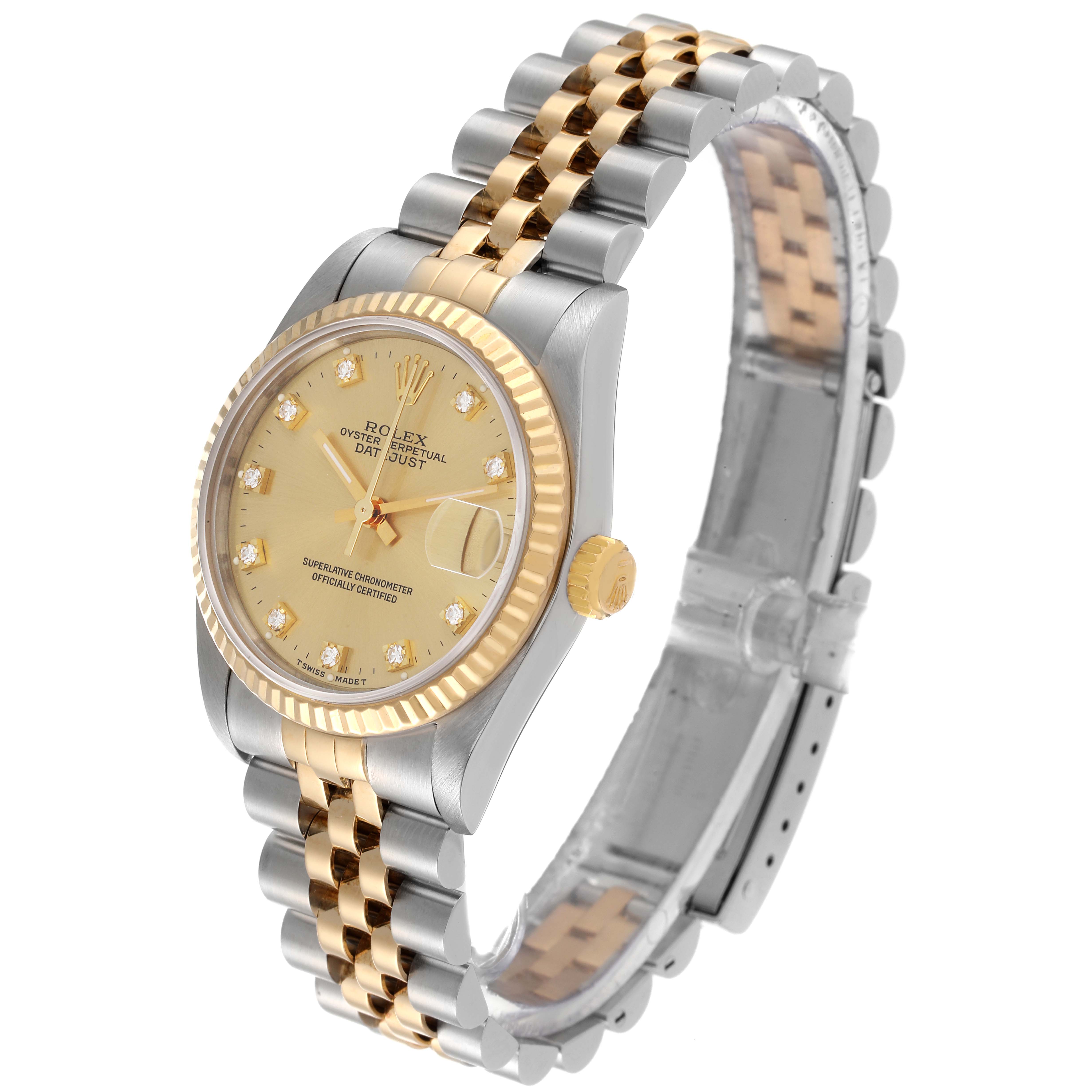 The Rolex Mid-Size 68273 Women
s Steel and Gold (two tone) Champagne Dial 68273 Women
s Steel and Gold (two tone) Champagne Dial watch is shown at a three-quarter angle, highlighting the gold dial, fluted bezel, and two-tone bracelet.