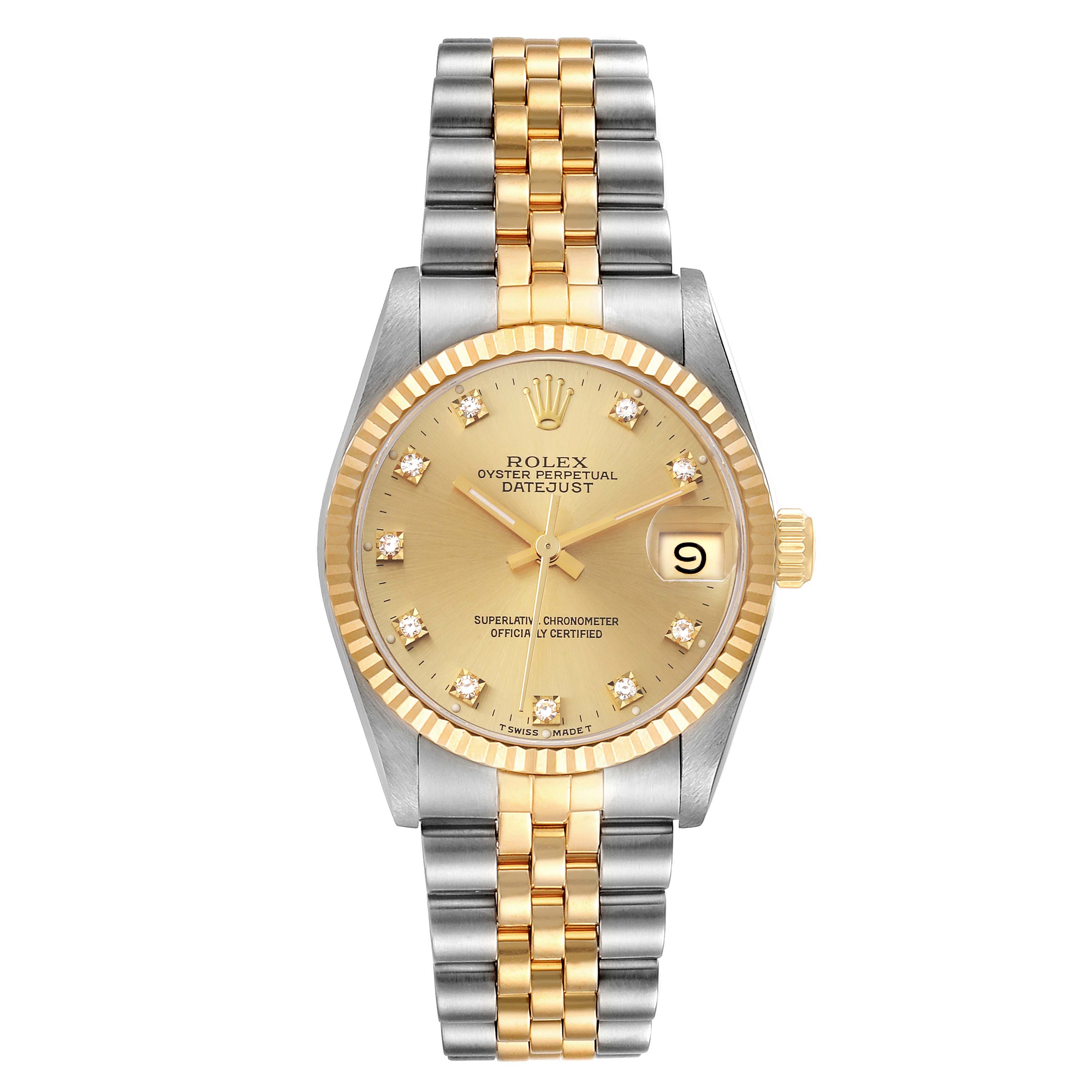 This Rolex Mid-Size 68273 Women
s Steel and Gold (two tone) Champagne Dial 68273 Women
s Steel and Gold (two tone) Champagne Dial Oyster Perpetual Datejust watch is shown from a front angle displaying the dial, bezel, and bracelet.