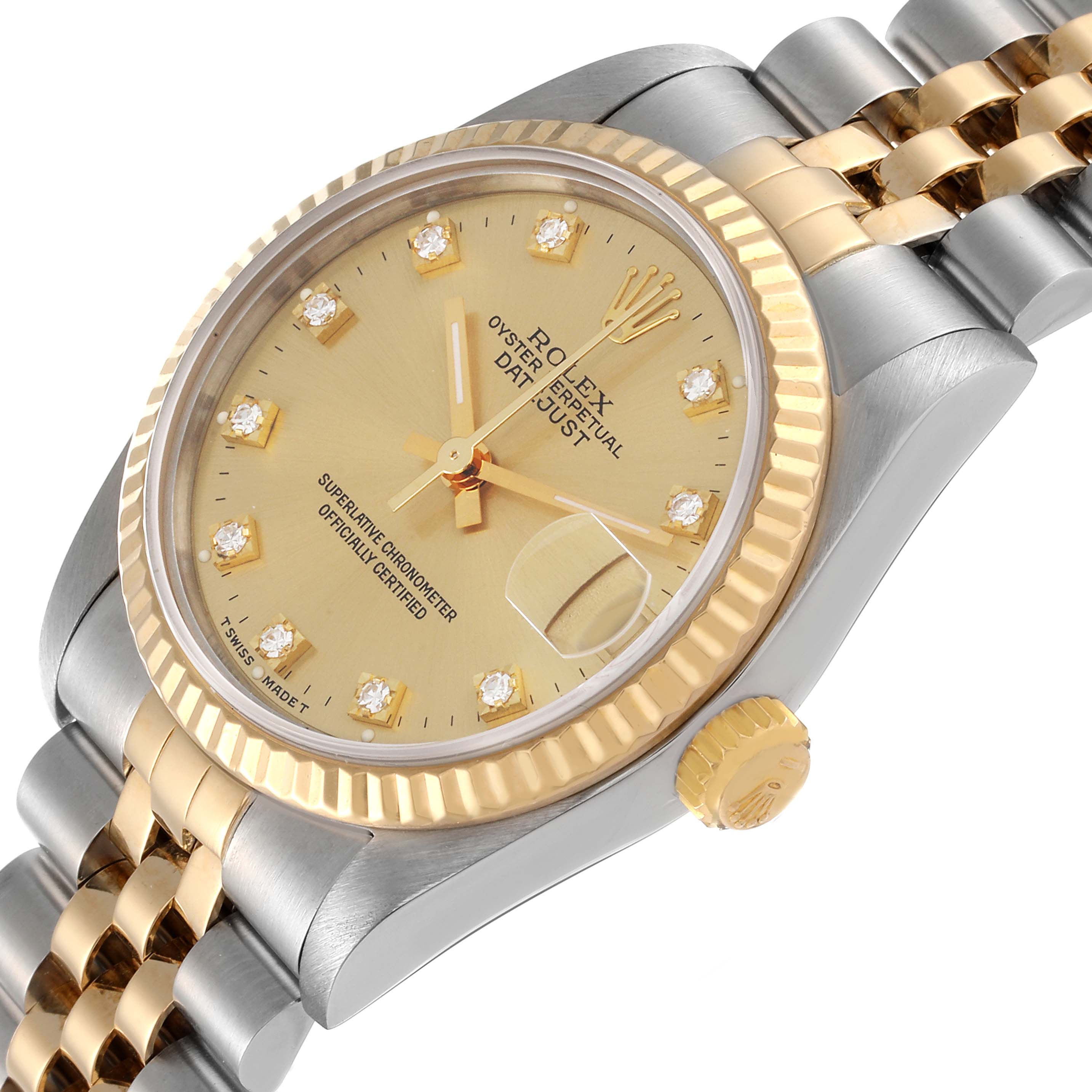 The image shows a Rolex Mid-Size 68273 Women
s Steel and Gold (two tone) Champagne Dial 68273 Women
s Steel and Gold (two tone) Champagne Dial Oyster Perpetual Datejust watch at an angle highlighting the dial, bezel, and bracelet.