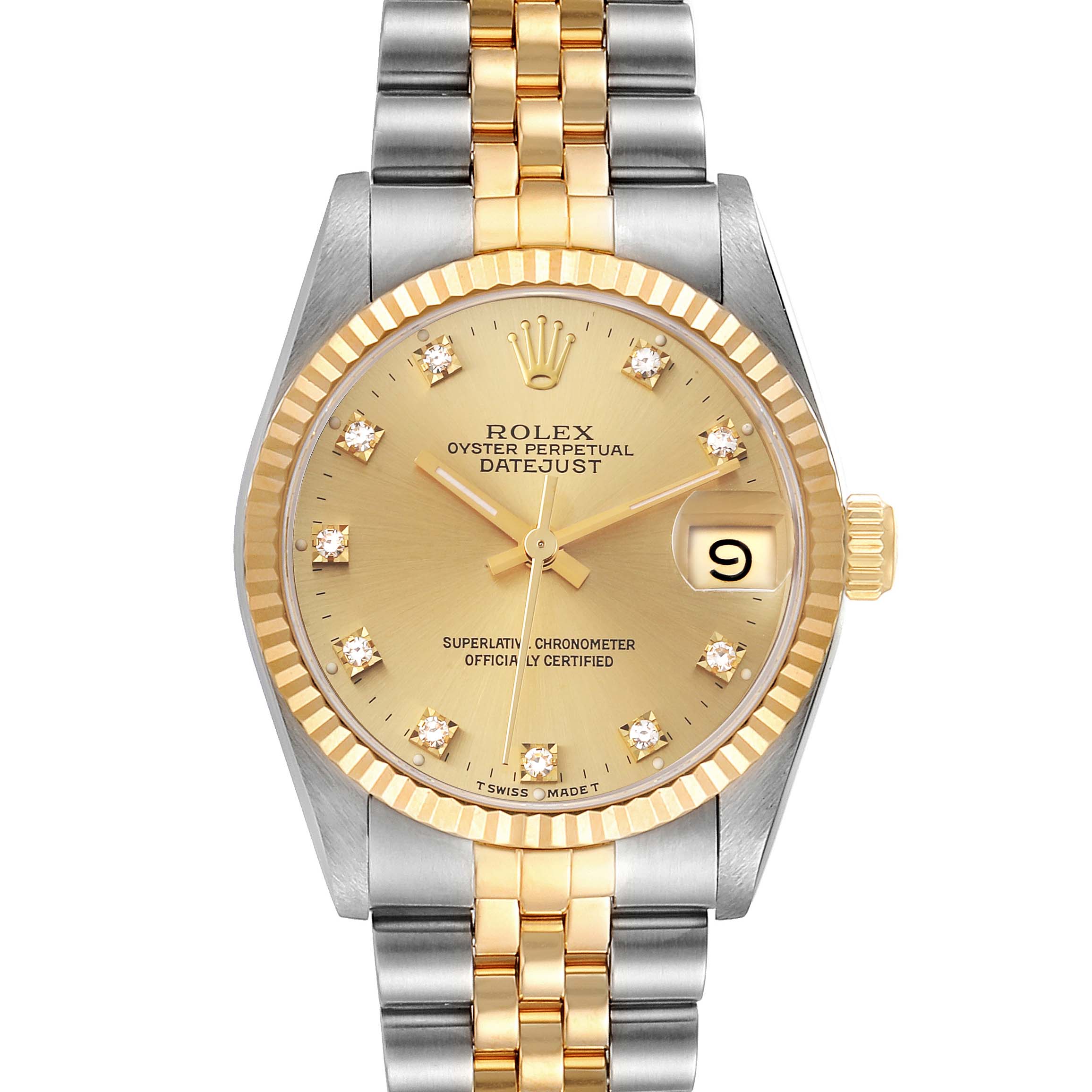 This Rolex Mid-Size 68273 Women
s Steel and Gold (two tone) Champagne Dial 68273 Women
s Steel and Gold (two tone) Champagne Dial Datejust watch is shown from the front, highlighting its gold and silver design and diamond hour markers.
