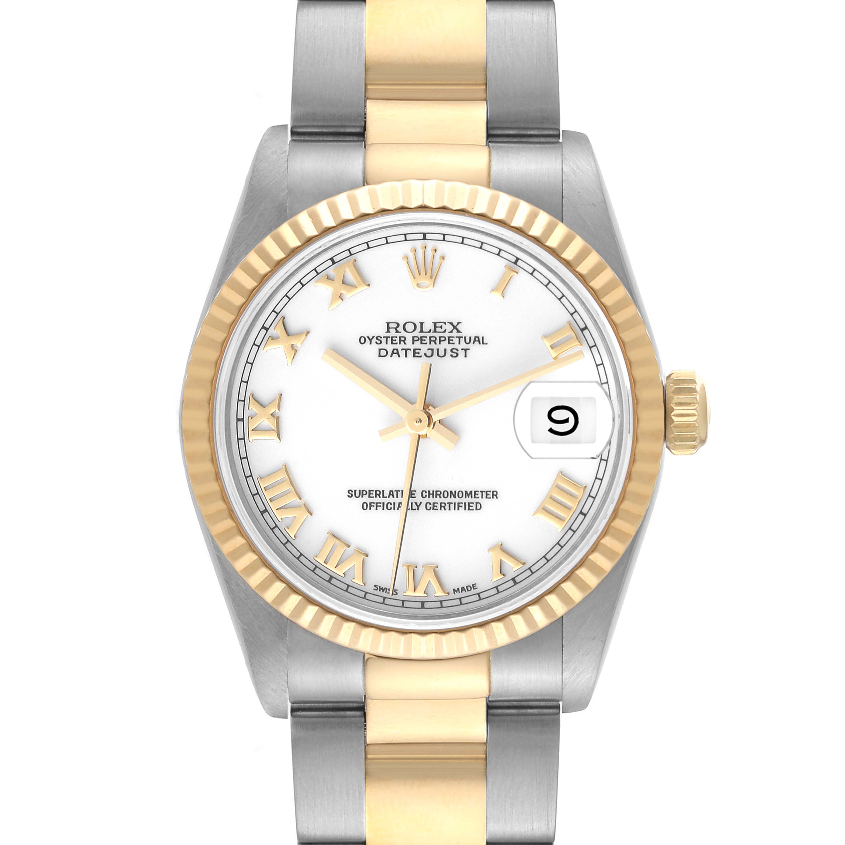 The image shows a front view of a Rolex Mid-Size 68273 Women
s Steel and Gold (two tone) White Dial 68273 Women
s Steel and Gold (two tone) White Dial Oyster Perpetual Datejust watch, displaying the dial, bezel, and part of the bracelet.