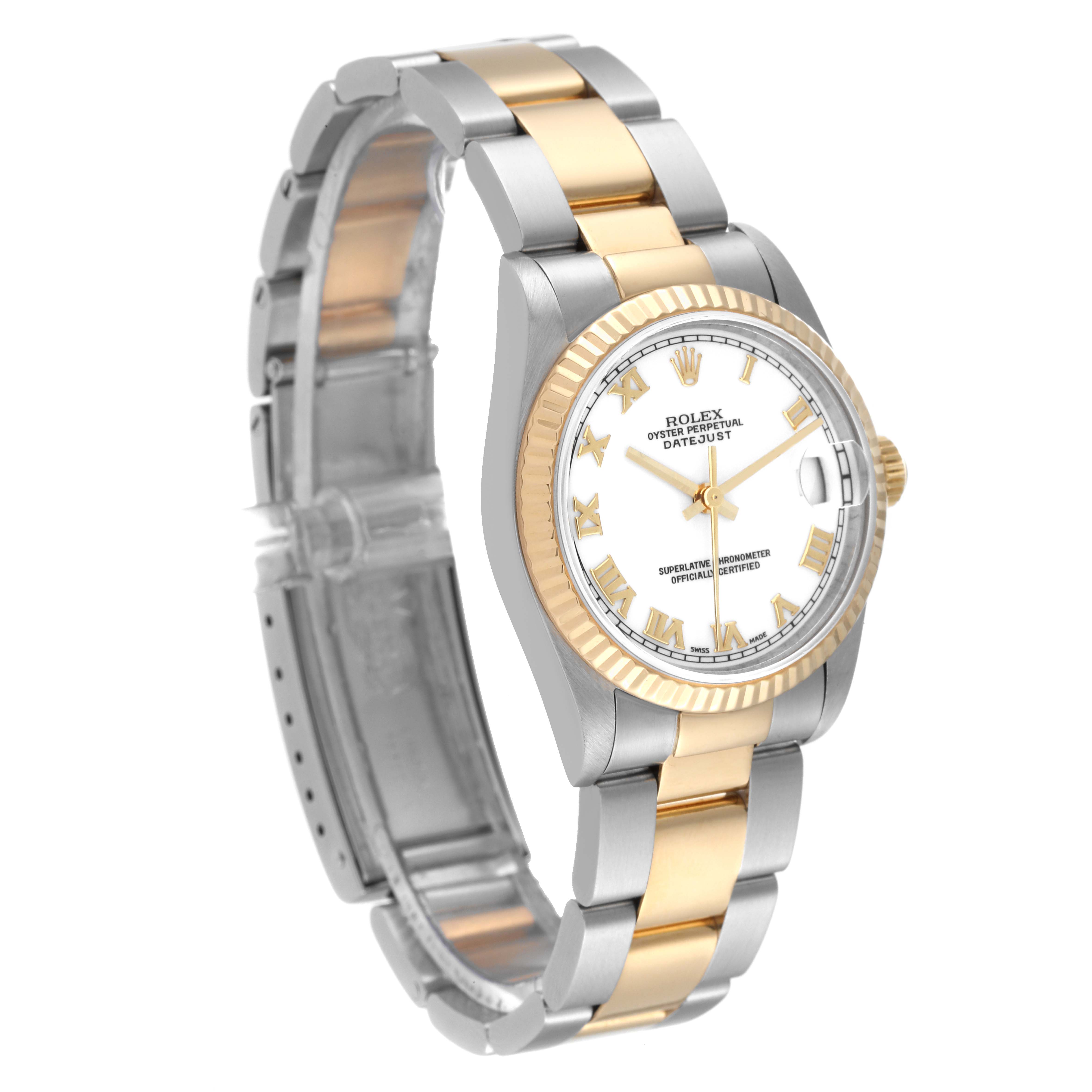 The image shows a Rolex Mid-Size 68273 Women
s Steel and Gold (two tone) White Dial 68273 Women
s Steel and Gold (two tone) White Dial Datejust watch from a three-quarter angle, displaying its bracelet, bezel, dial, and crown.