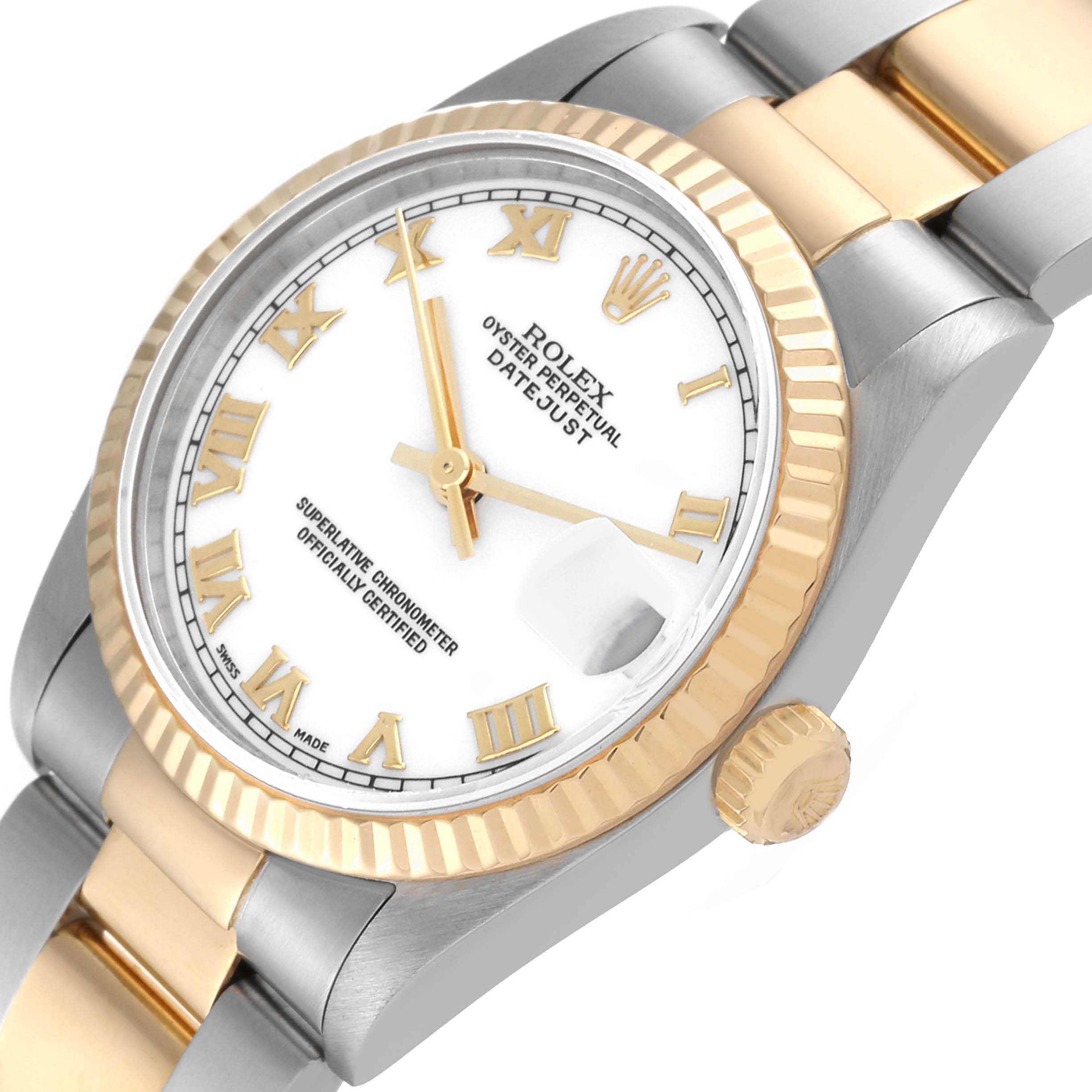The image shows a close-up angled view of a Rolex Mid-Size 68273 Women
s Steel and Gold (two tone) White Dial 68273 Women
s Steel and Gold (two tone) White Dial Datejust watch, highlighting the dial, bezel, crown, and bracelet.