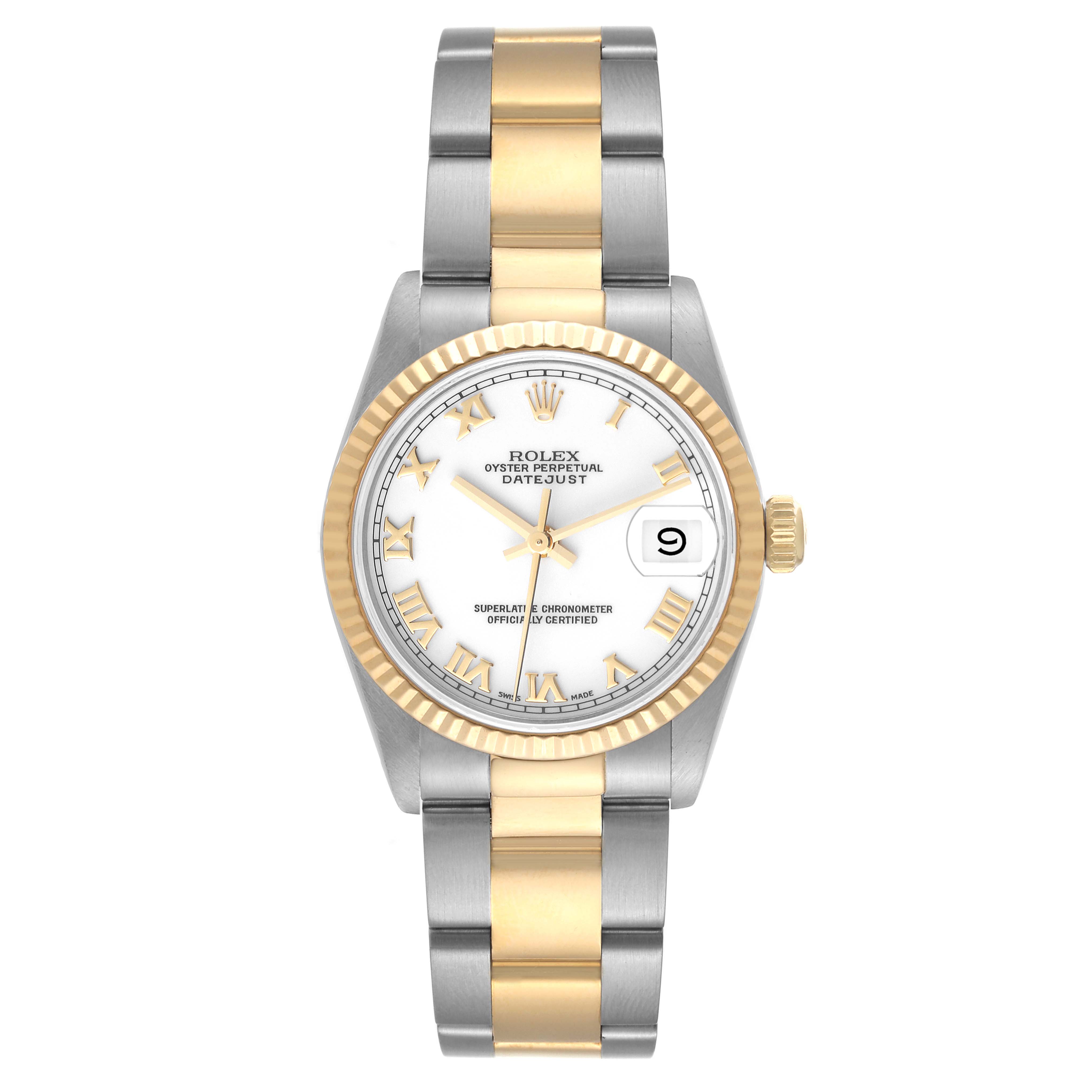 The image shows a frontal view of the Rolex Oyster Perpetual Datejust Mid-Size watch with a two-tone bracelet and a white dial.