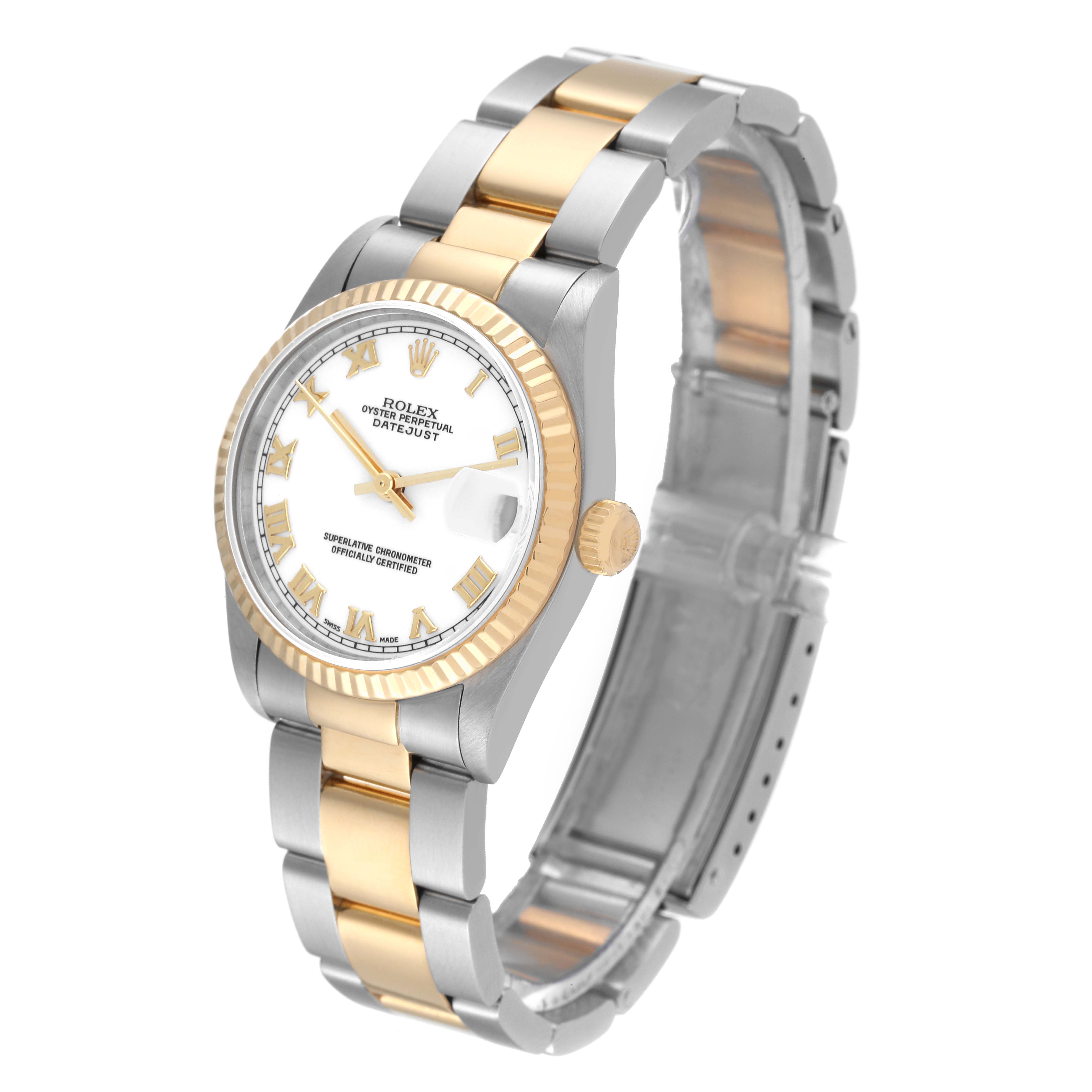 The image shows a Mid-Size Rolex Datejust watch with a two-tone bracelet and a white dial, at a slight angled side view.