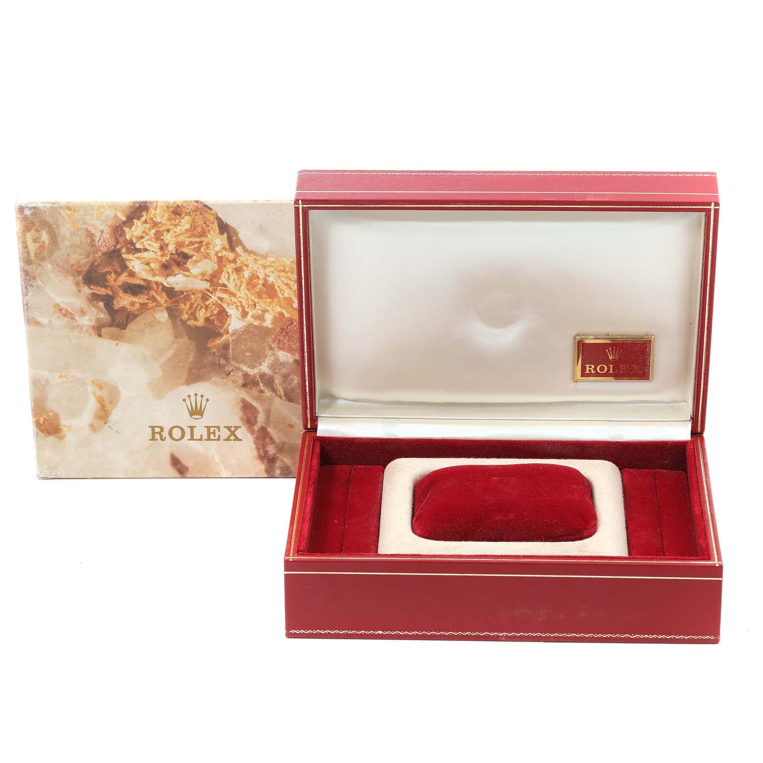 The image shows the open watch box and outer box of the Rolex President 68158 Women
s Yellow Gold Champagne Dial 68158 Women
s Yellow Gold Champagne Dial model.