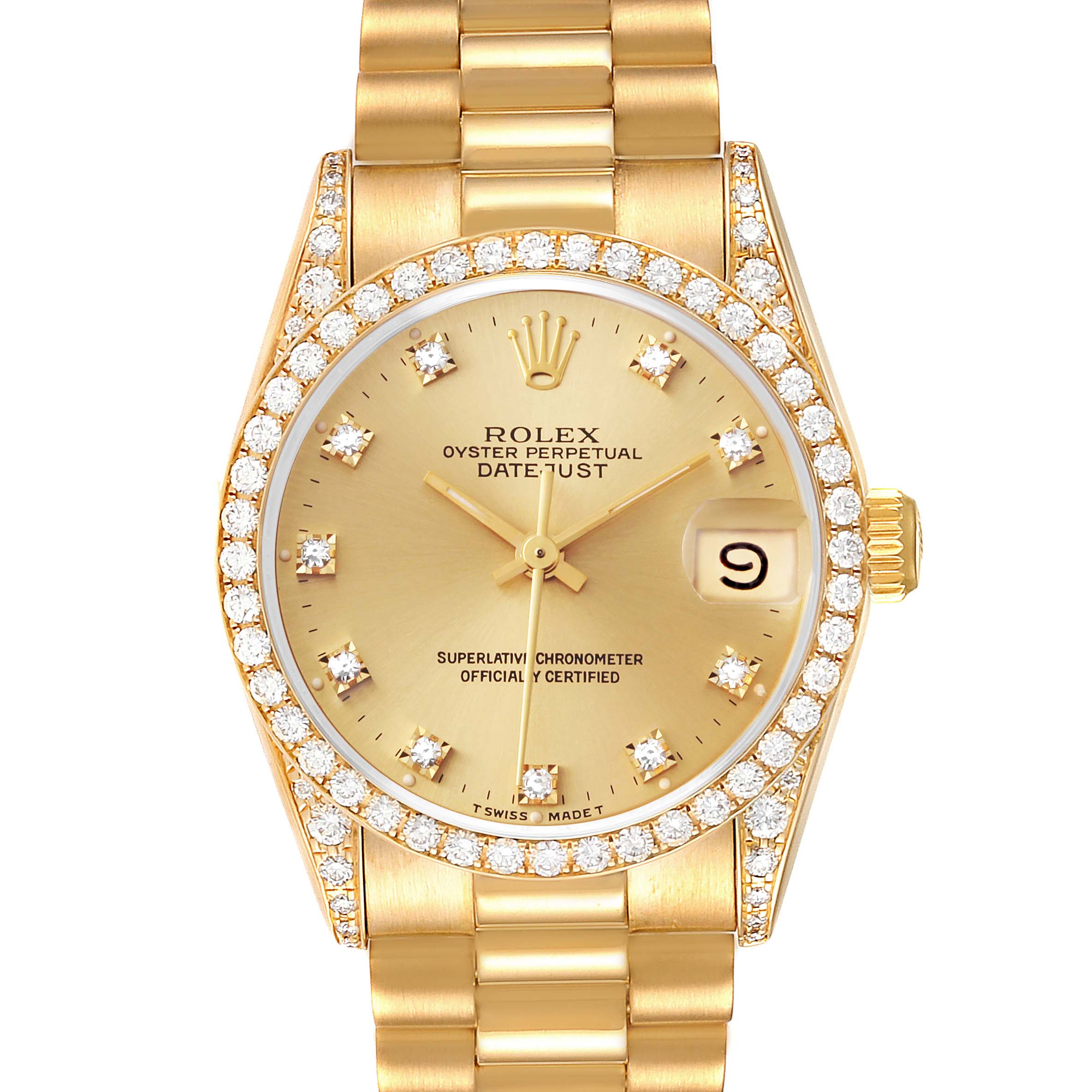 This image shows a frontal view of a Rolex President 68158 Women
s Yellow Gold Champagne Dial 68158 Women
s Yellow Gold Champagne Dial Oyster Perpetual Datejust watch, highlighting the dial, bezel, and bracelet.