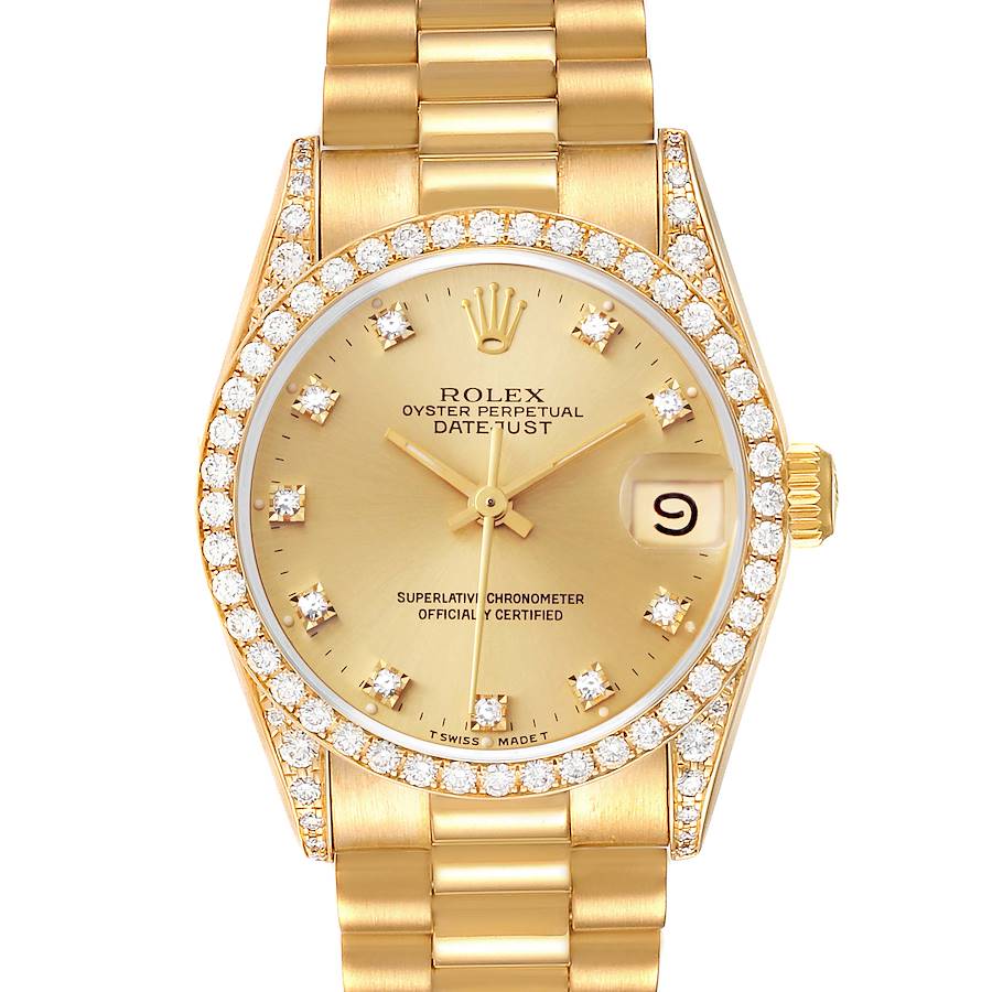 Rolex Datejust President Midsize Yellow Gold Diamond Bezel Ladies Watch 68158 SwissWatchExpo