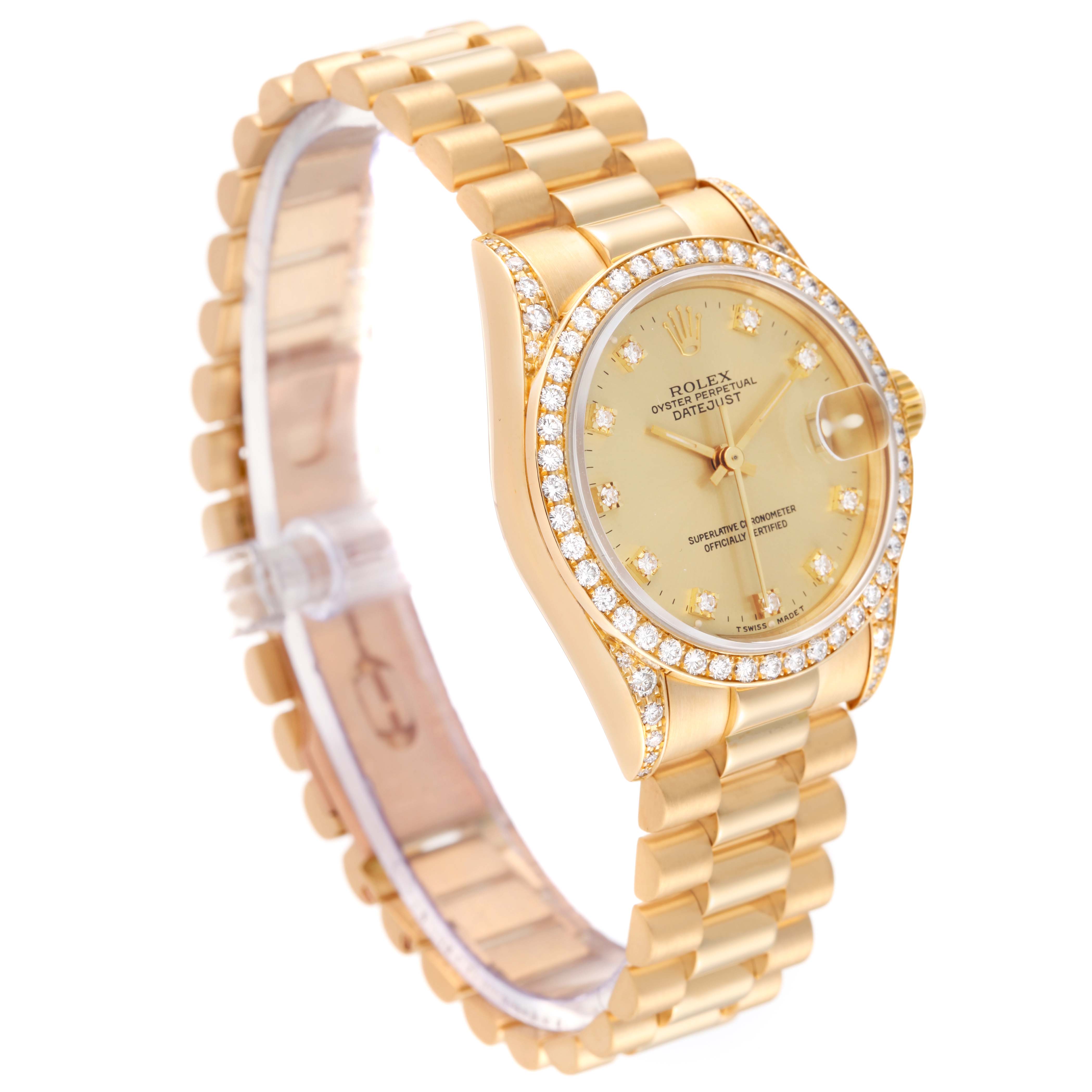 The image shows a Rolex President 68158 Women
s Yellow Gold Champagne Dial 68158 Women
s Yellow Gold Champagne Dial model watch at a three-quarter angle, highlighting the face, bezel, and bracelet.