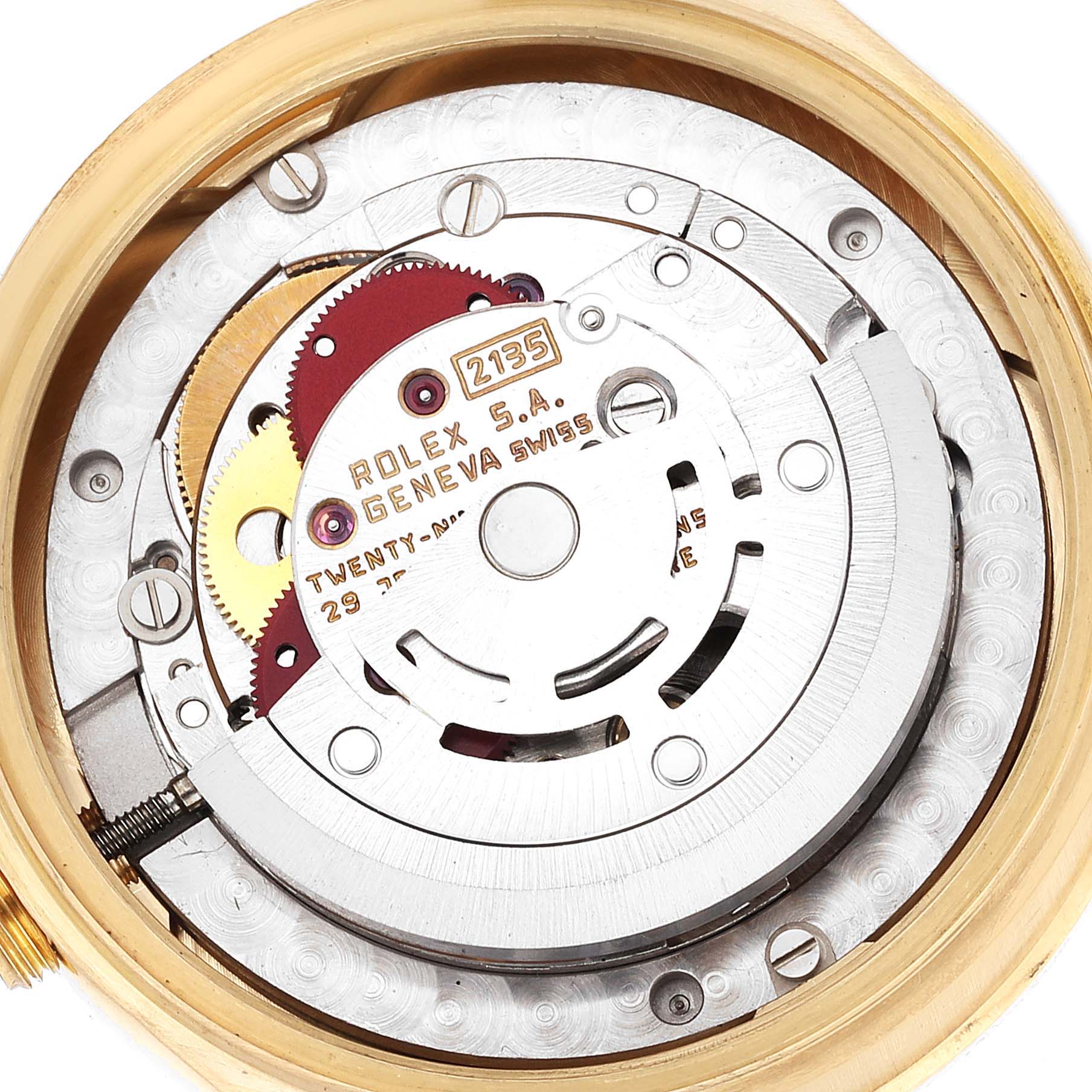 This image shows the internal mechanics and movement of the Rolex President 68158 Women
s Yellow Gold Champagne Dial 68158 Women
s Yellow Gold Champagne Dial model watch from a close-up, top-down angle.