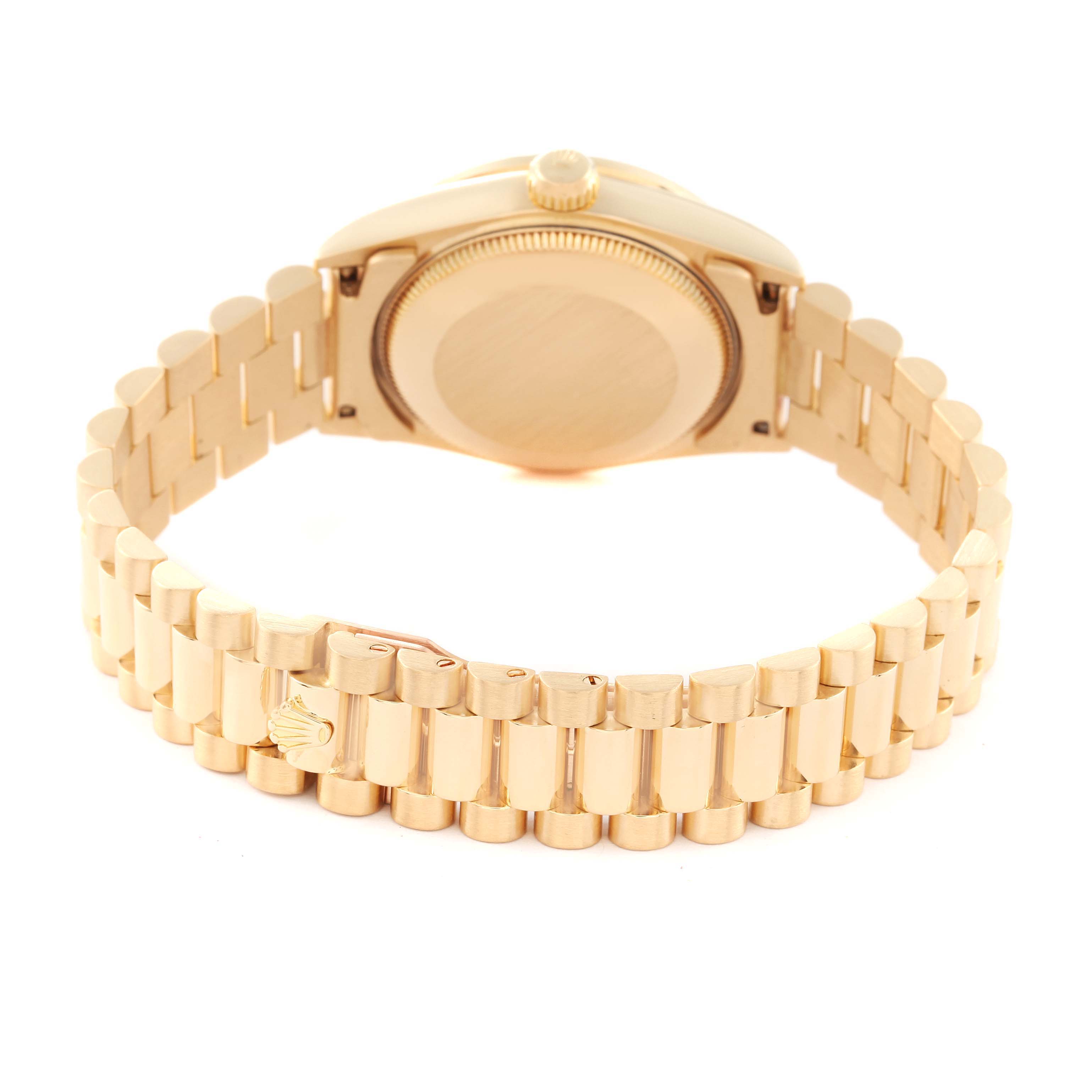 This image shows the back view of a Rolex President 68158 Women
s Yellow Gold Champagne Dial 68158 Women
s Yellow Gold Champagne Dial model watch, highlighting the bracelet and caseback.