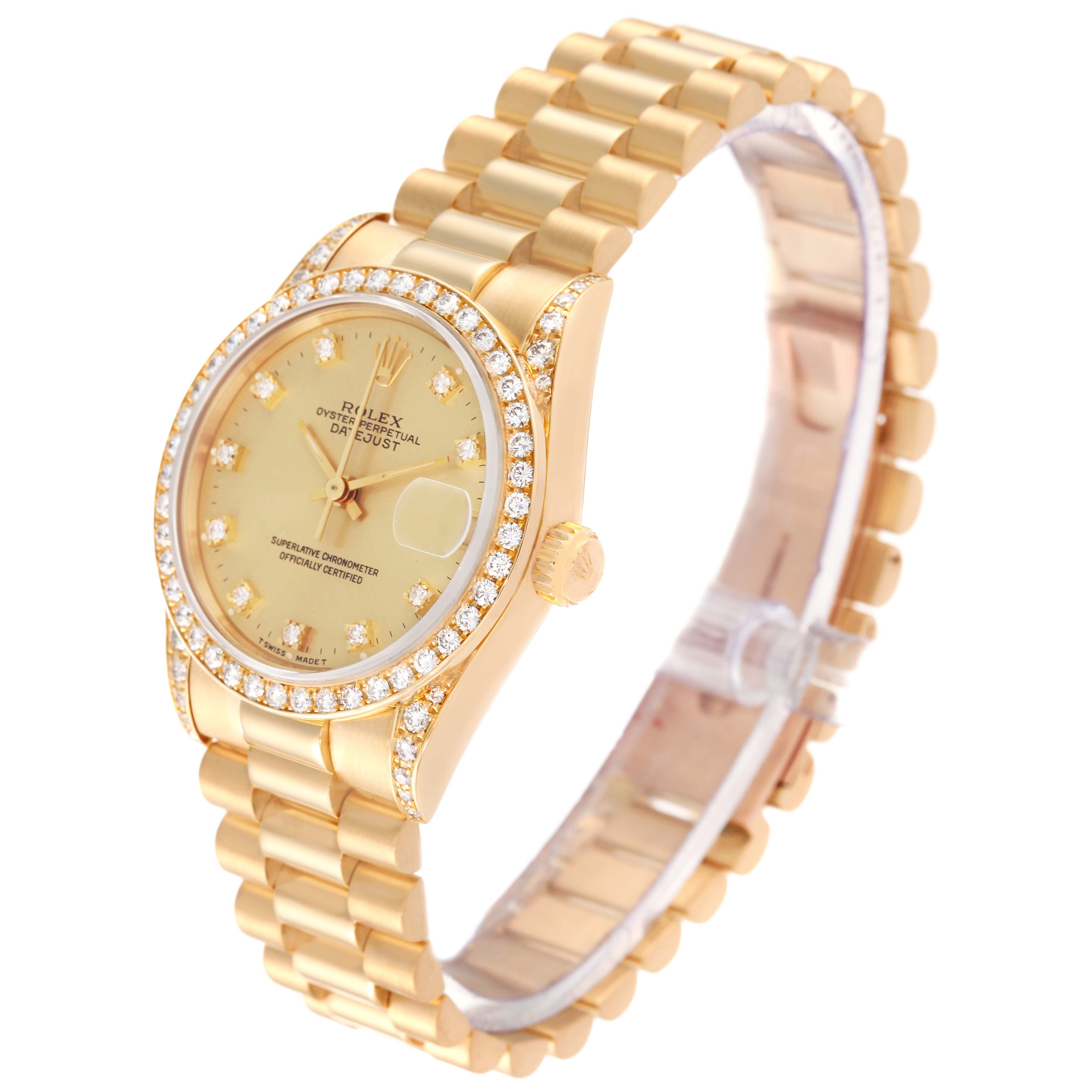 This image shows a Rolex President 68158 Women
s Yellow Gold Champagne Dial 68158 Women
s Yellow Gold Champagne Dial model watch from an angled view, featuring its gold bracelet, diamond bezel, and champagne dial.