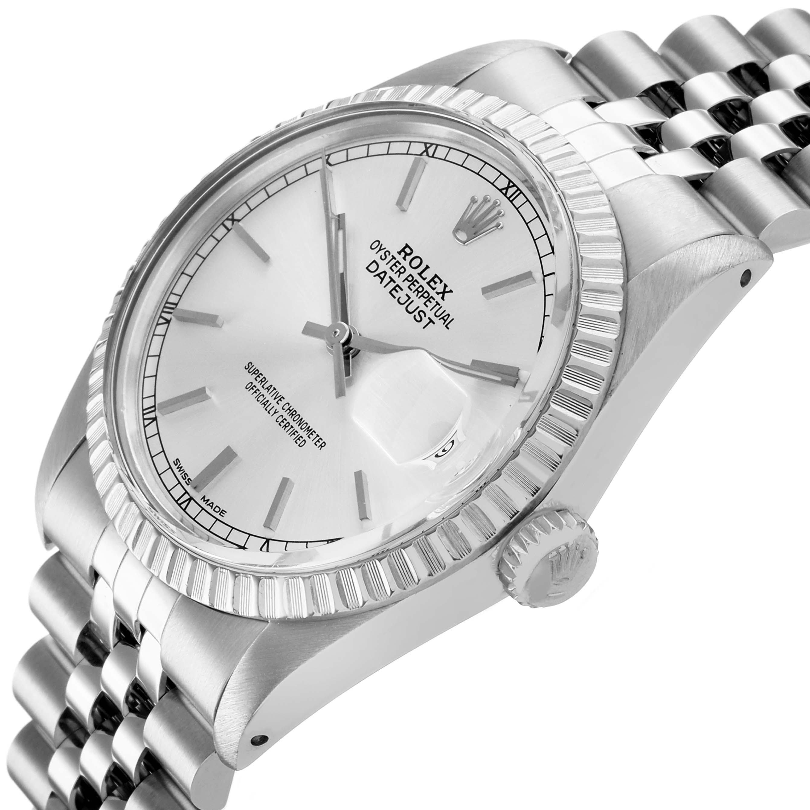The Rolex Datejust 16030 Men's Stainless Steel Silver Dial watch is shown at an angle highlighting the bezel, crown, and bracelet.