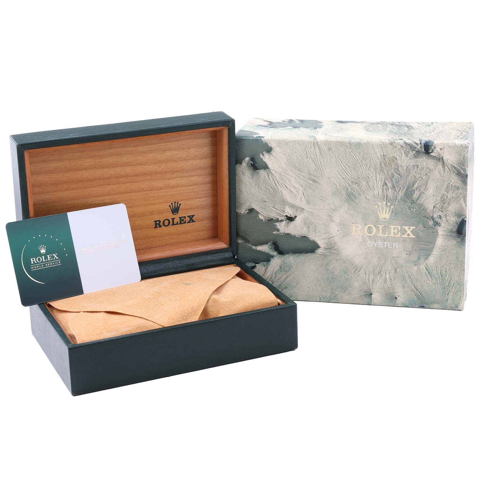 The image shows a Rolex Datejust 16030 Men's Stainless Steel Silver Dial watch box and accessories, including a wooden interior, warranty card, and outer packaging.
