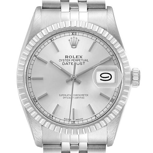 The Rolex Datejust 16030 Men's Stainless Steel Silver Dial watch is shown from the front, highlighting the dial, bezel, crown, and part of the bracelet.