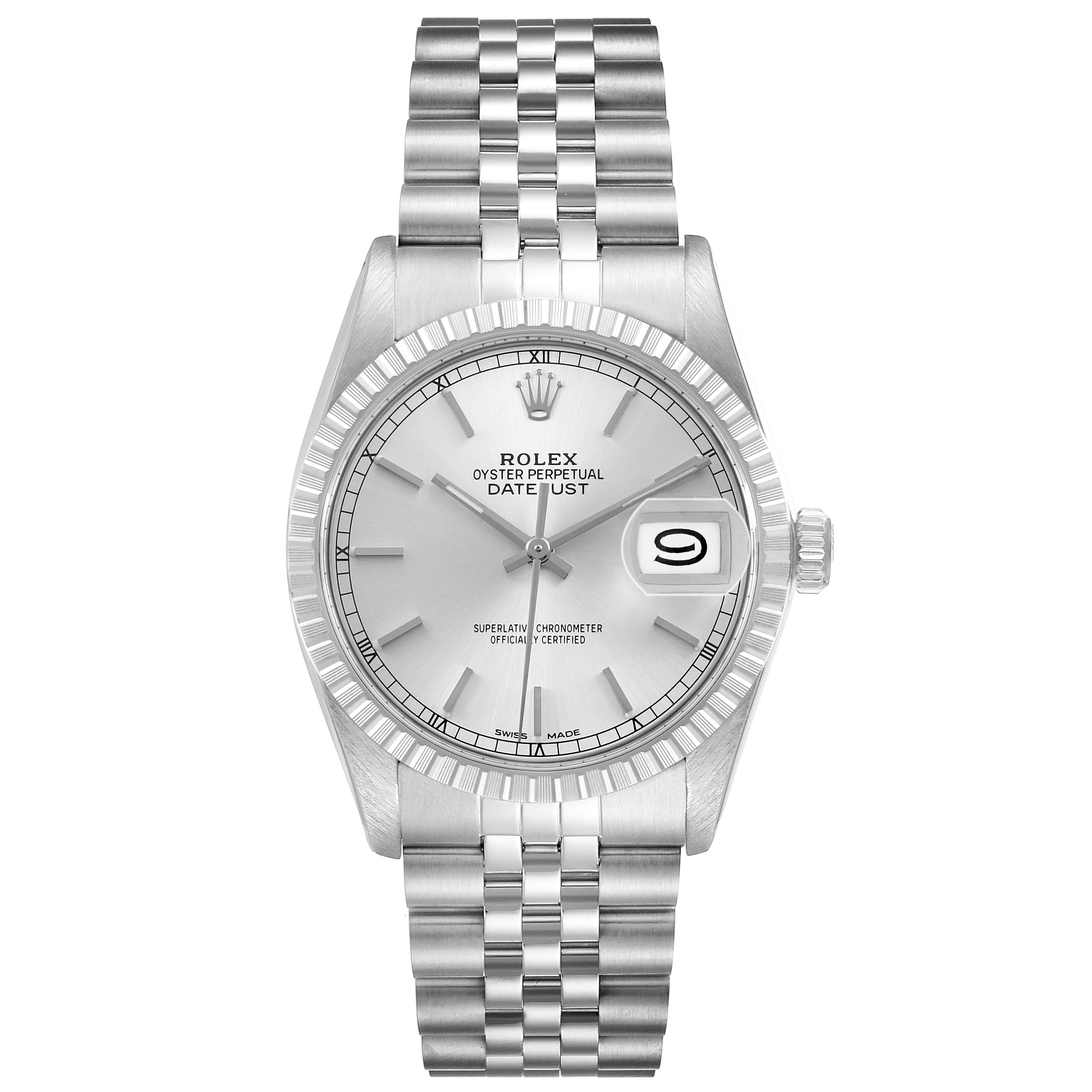 The image shows a frontal view of the Rolex Datejust 16030 Men's Stainless Steel Silver Dial, including the dial, bracelet, and bezel.