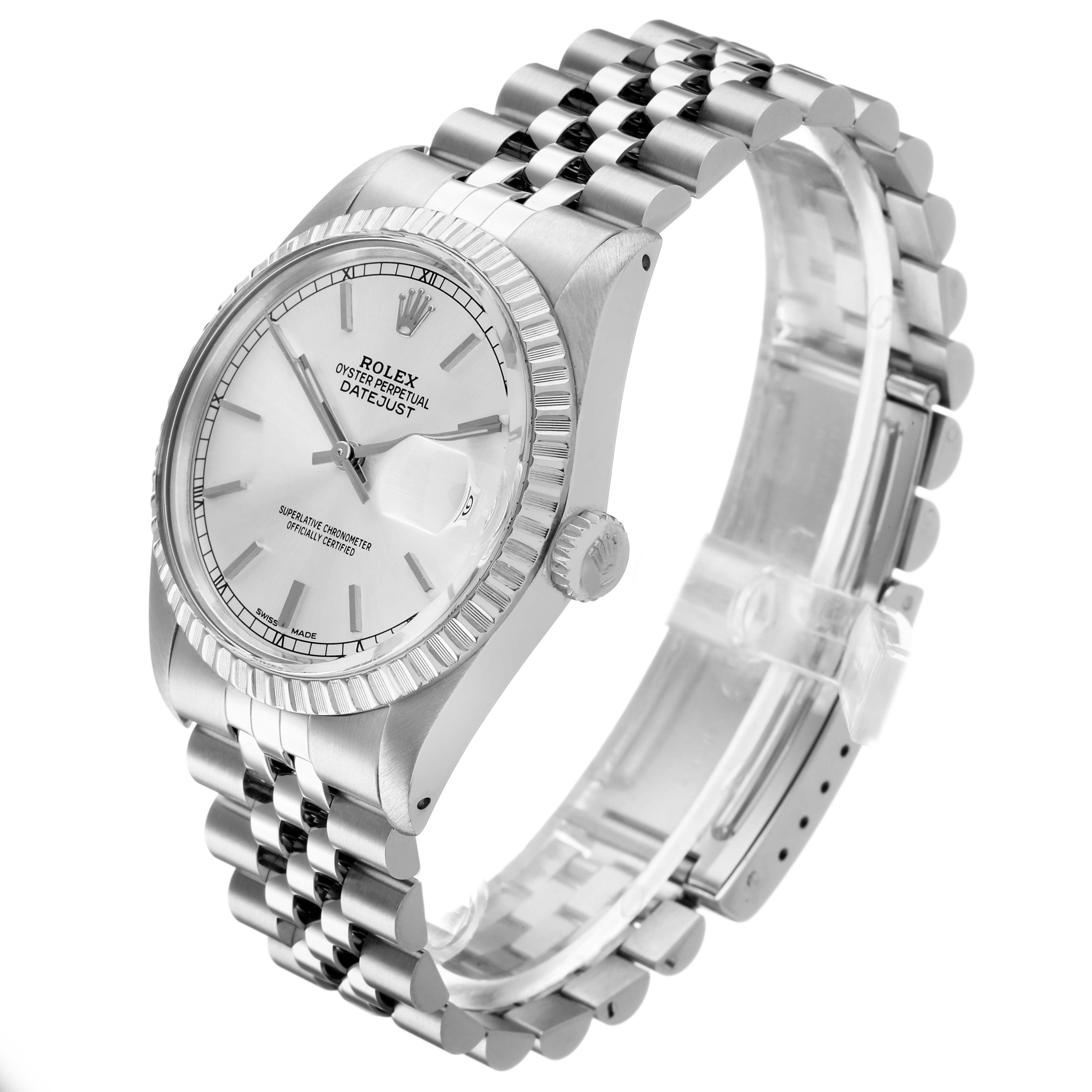 The Rolex Datejust 16030 Men's Stainless Steel Silver Dial watch is shown at a three-quarter angle, highlighting the face, bezel, crown, and jubilee bracelet.