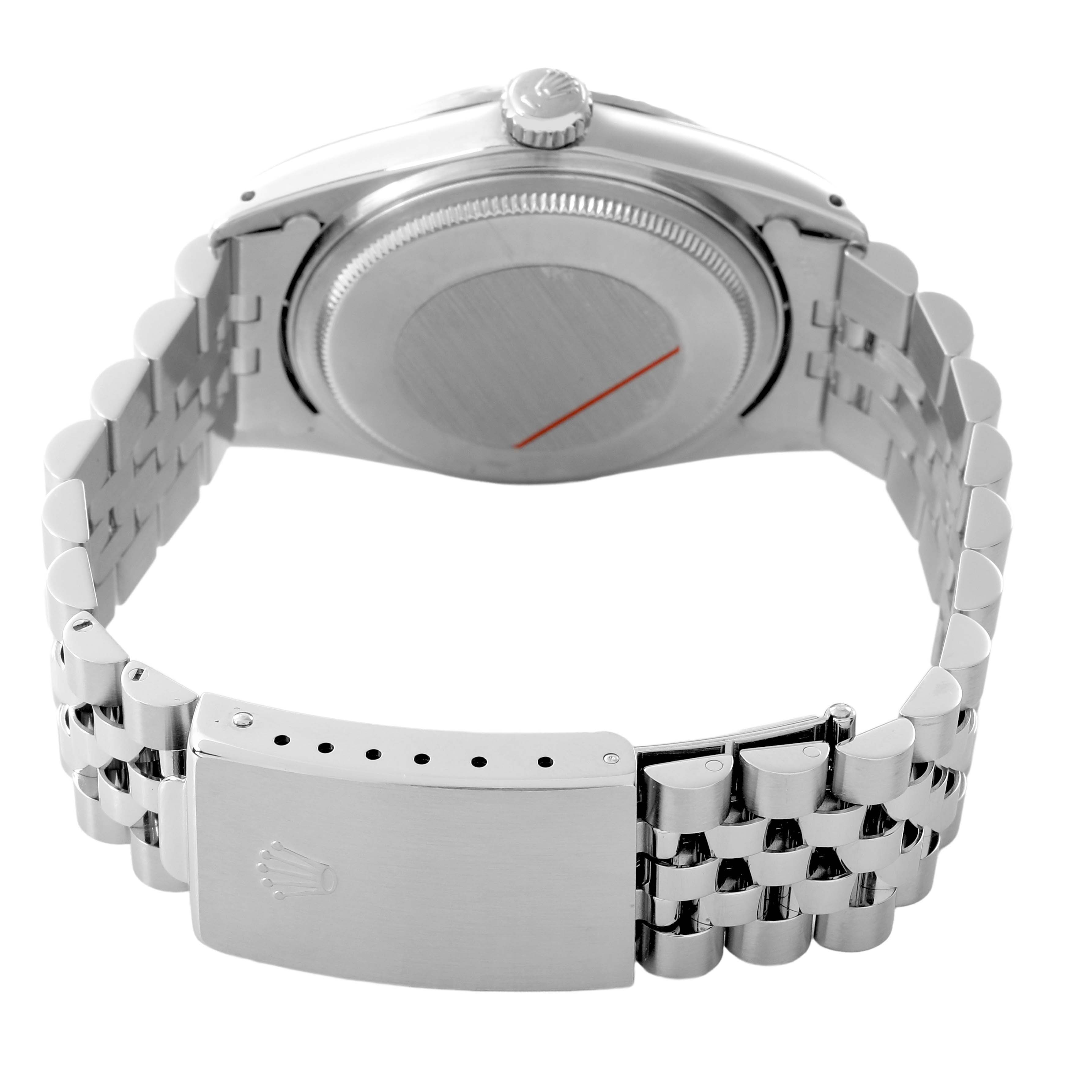 The image shows the back and the clasp of a Rolex Datejust 16030 Men's Stainless Steel Silver Dial watch with its bracelet unfolded.