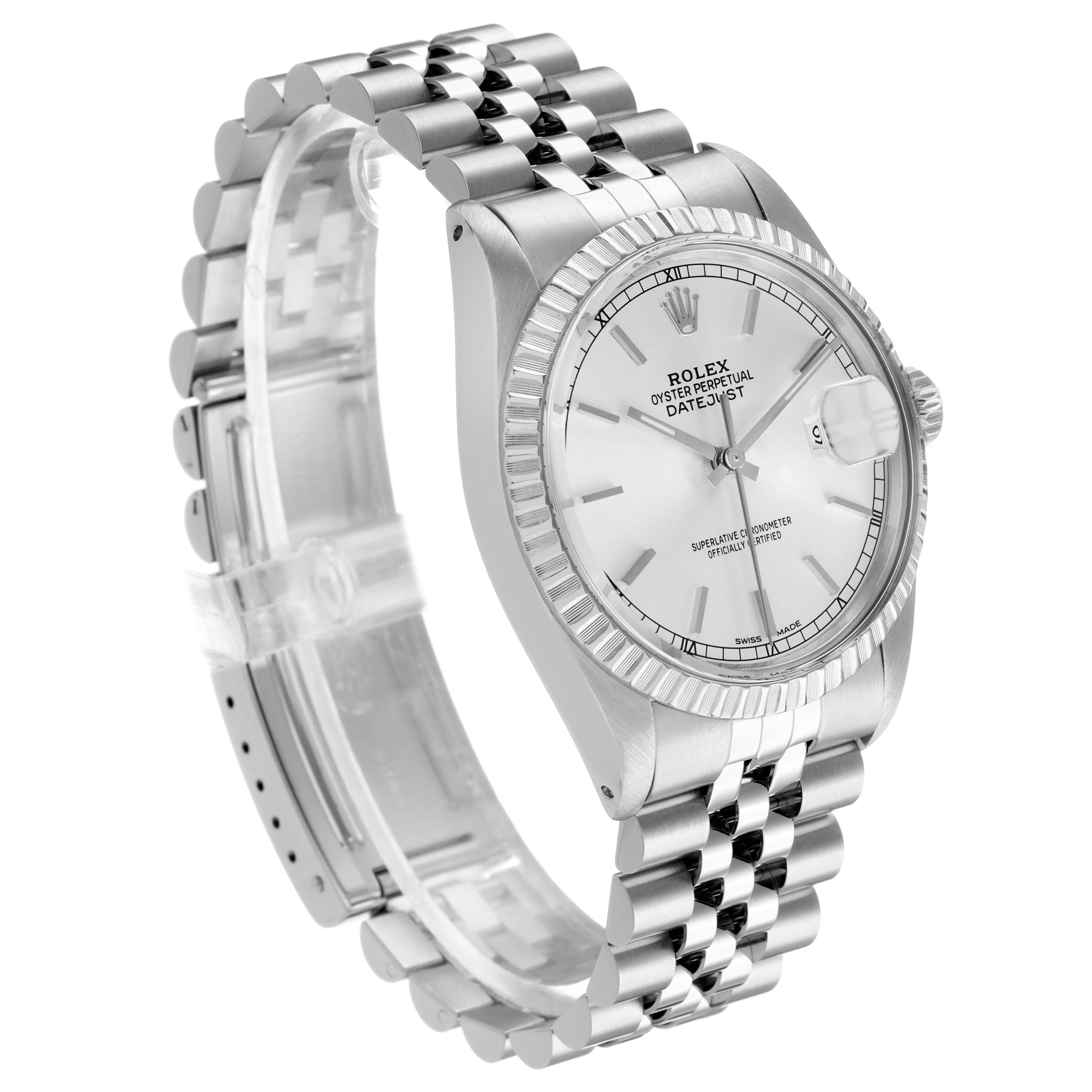 The Rolex Datejust 16030 Men's Stainless Steel Silver Dial watch is shown at a slight angle, highlighting the face, bezel, and bracelet.