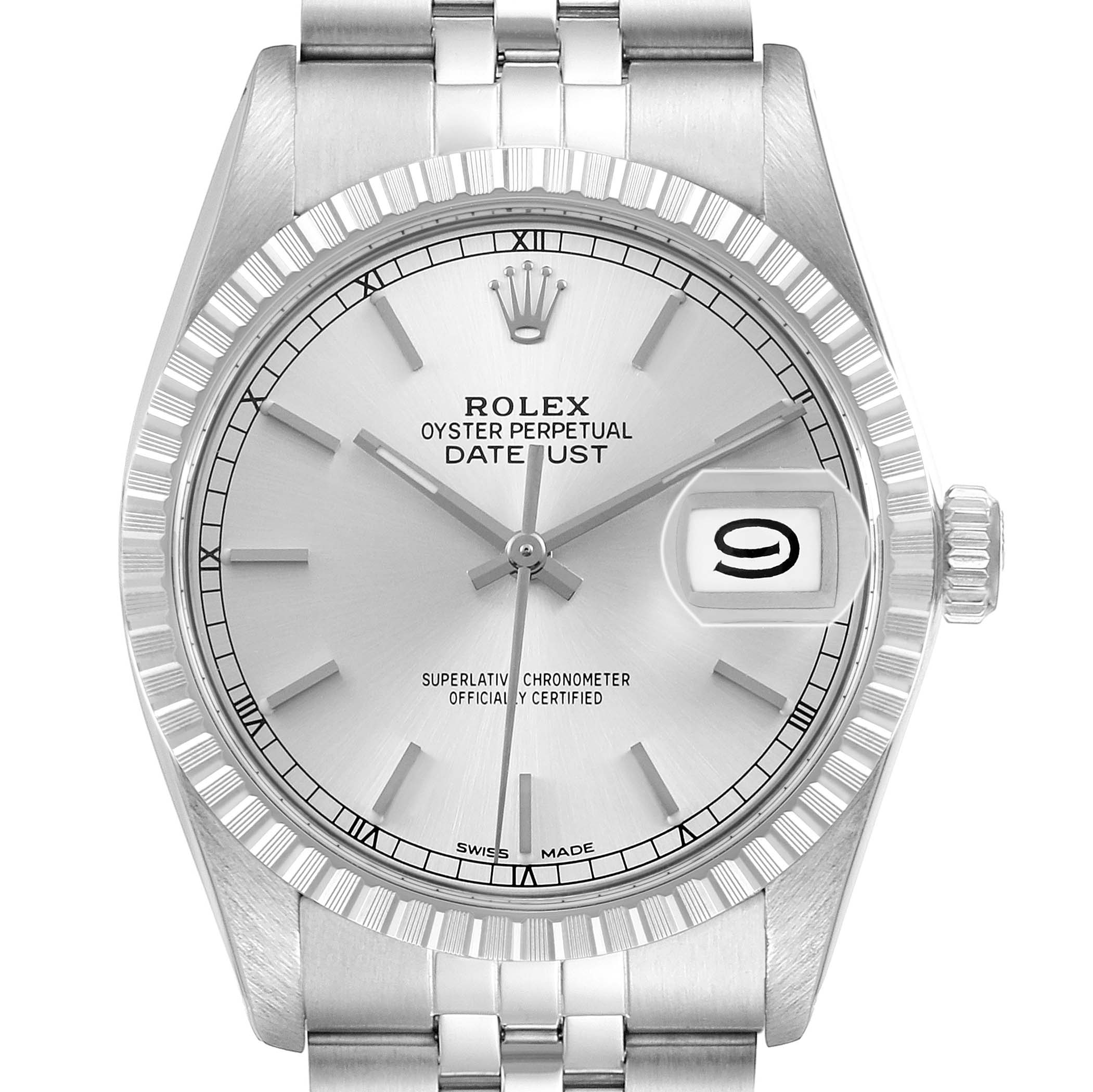 The Rolex Datejust 16030 Men's Stainless Steel Silver Dial watch is shown from a top-down angle, highlighting the dial, bezel, and part of the bracelet.