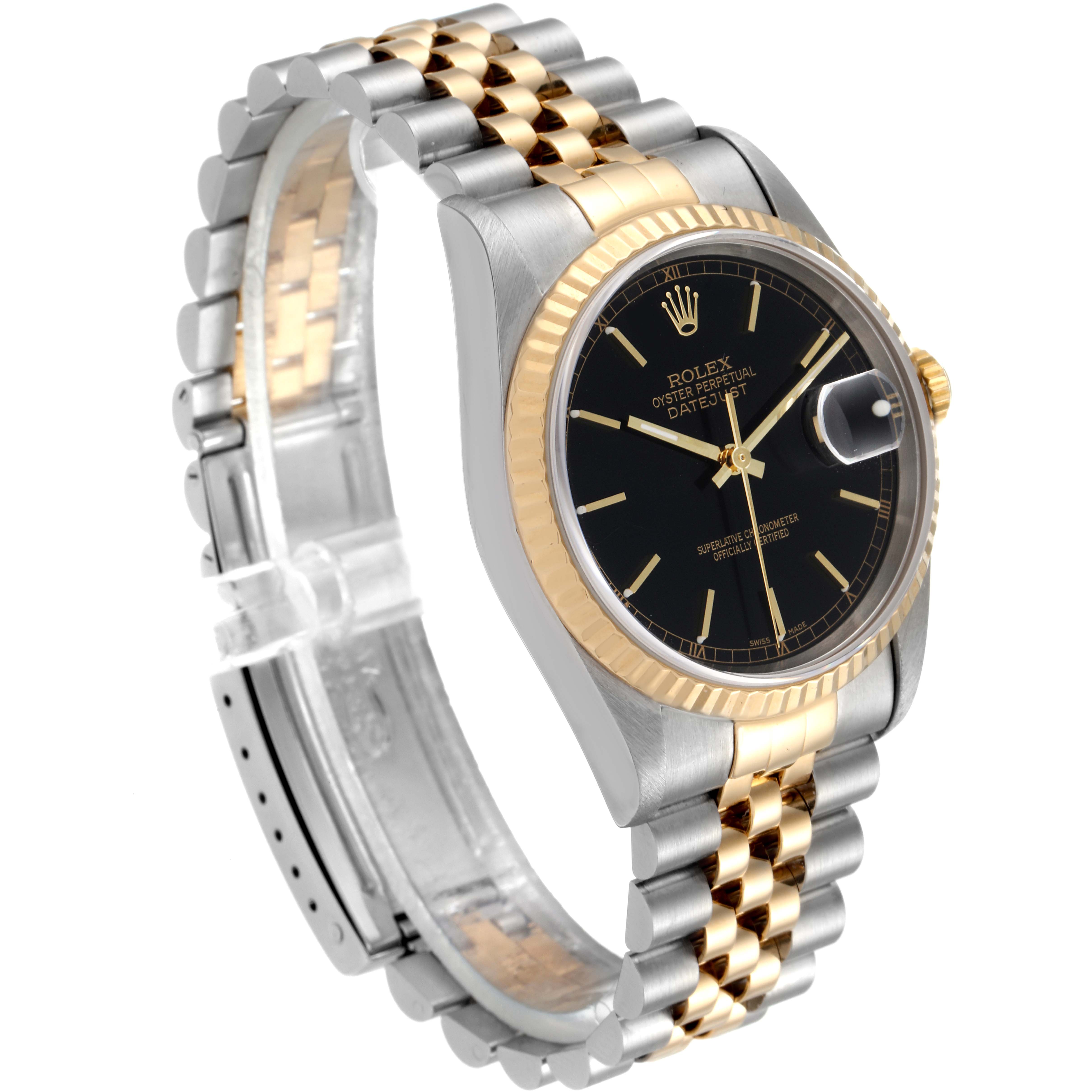 The image shows a side view of the Rolex Datejust 16233 Men's Steel and Gold (two tone) Black Dial 16233 Men's Steel and Gold (two tone) Black Dial watch, highlighting its two-tone bracelet, black dial, and fluted bezel.