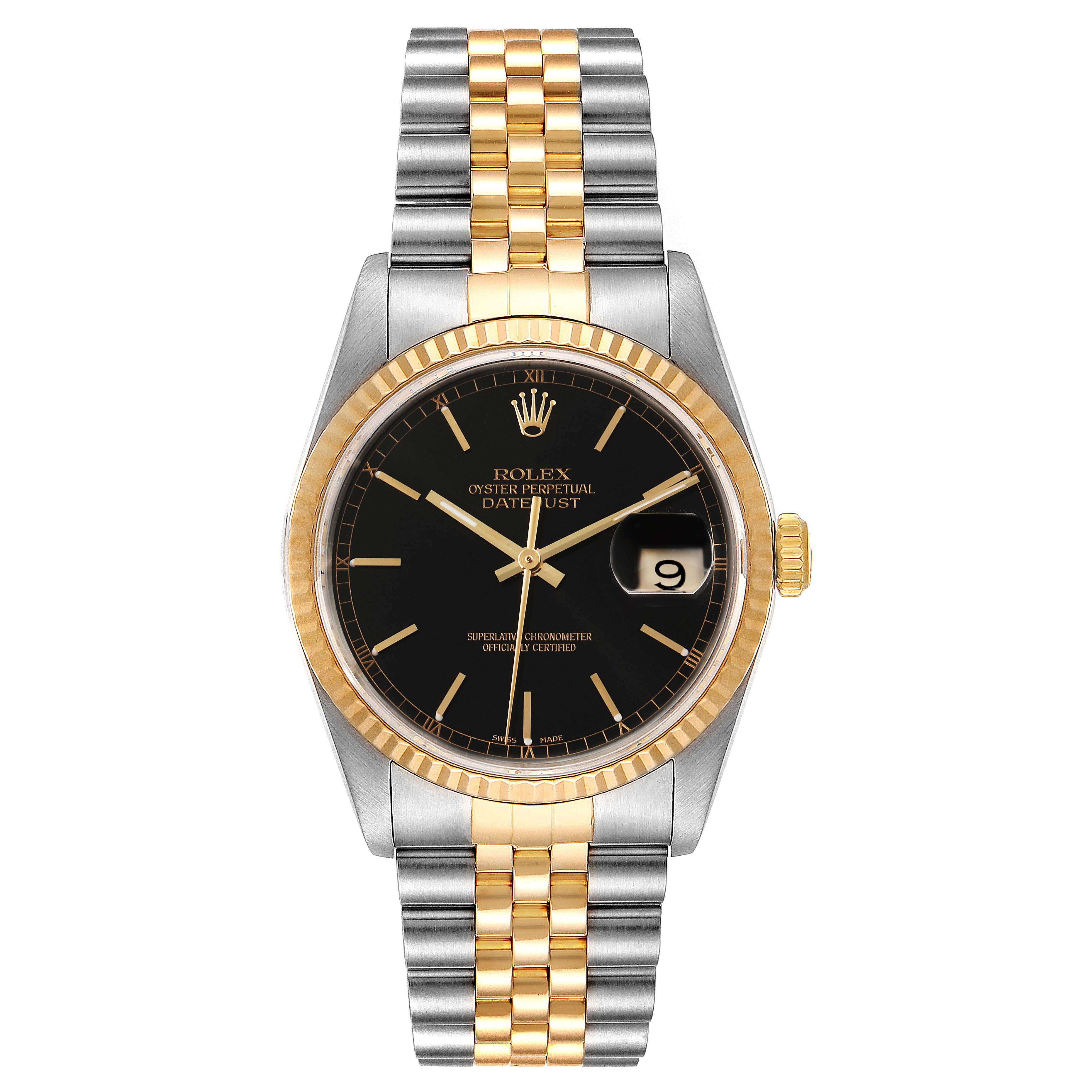 The image shows a front view of the Rolex Datejust 16233 Men's Steel and Gold (two tone) Black Dial 16233 Men's Steel and Gold (two tone) Black Dial watch, displaying its two-tone bracelet, black dial, and date window.