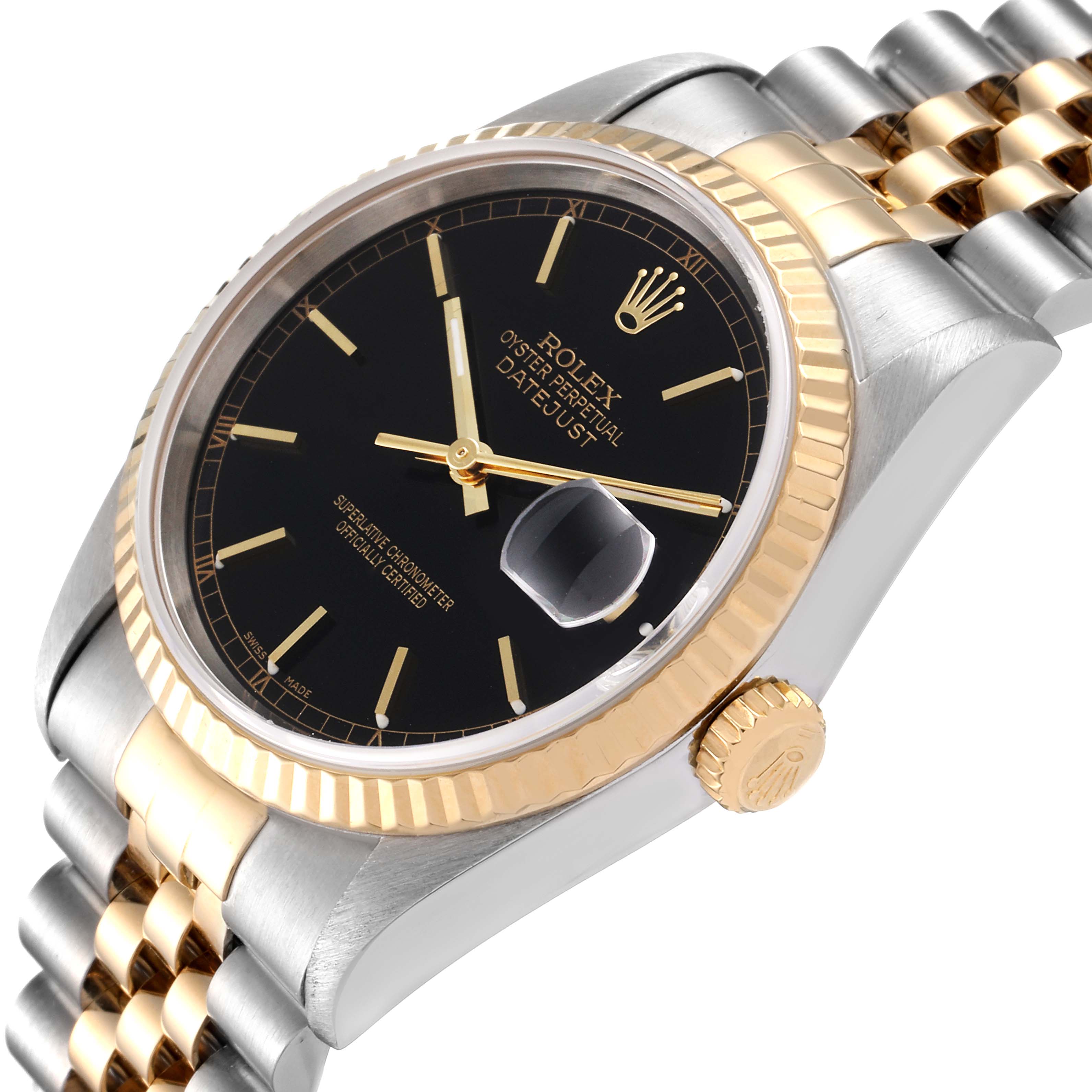 The image shows a close-up angled view of the Rolex Datejust 16233 Men's Steel and Gold (two tone) Black Dial 16233 Men's Steel and Gold (two tone) Black Dial watch, highlighting the dial, bezel, crown, and part of the bracelet.