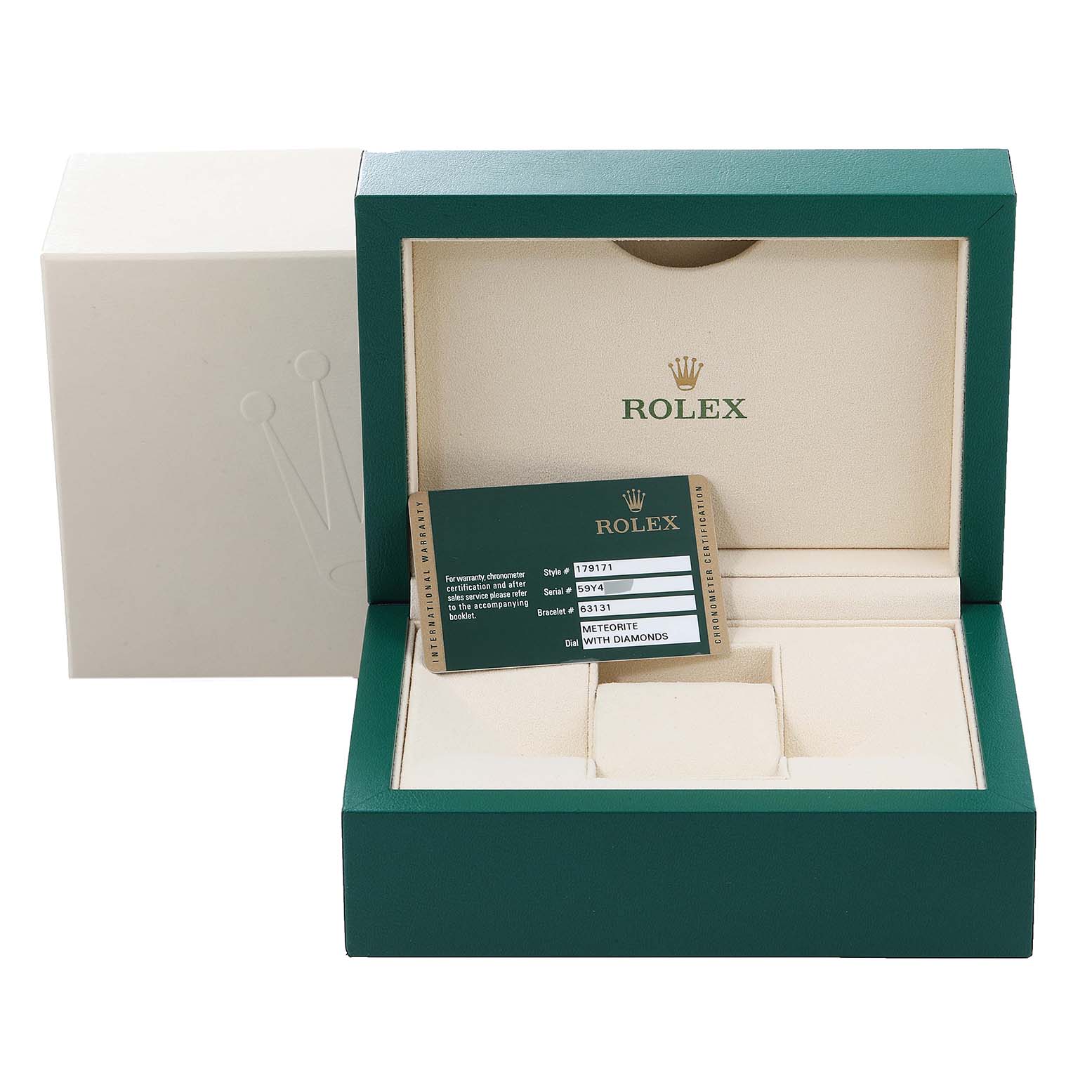 The image shows a Rolex Datejust 179171 Women's Steel and Gold (two tone) Silver Dial 179171 Women's Steel and Gold (two tone) Silver Dial box set with authentication card, viewed from the front.
