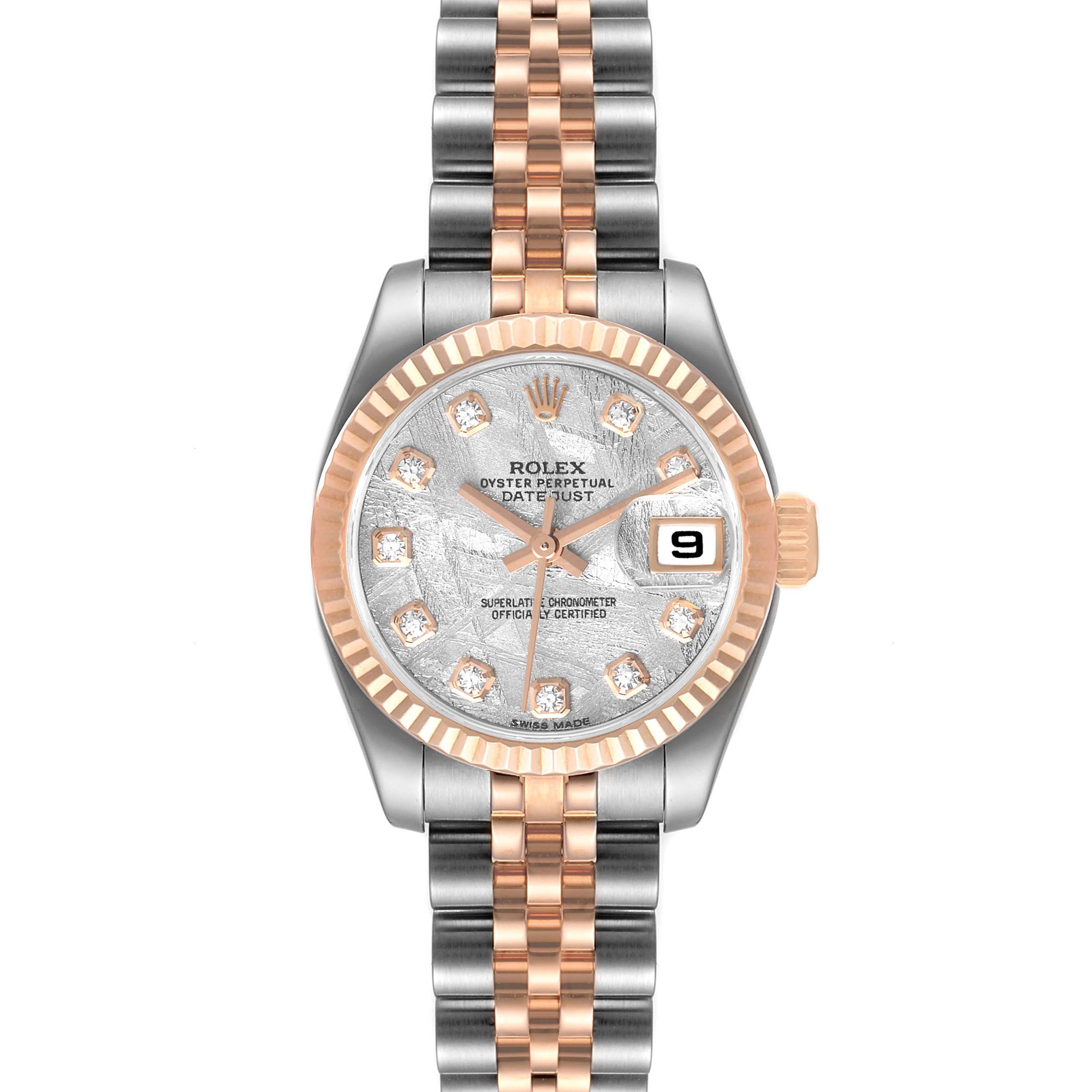 This Rolex Datejust 179171 Women's Steel and Gold (two tone) Silver Dial 179171 Women's Steel and Gold (two tone) Silver Dial watch is shown from a top-down angle, displaying its face, bezel, and two-tone bracelet.