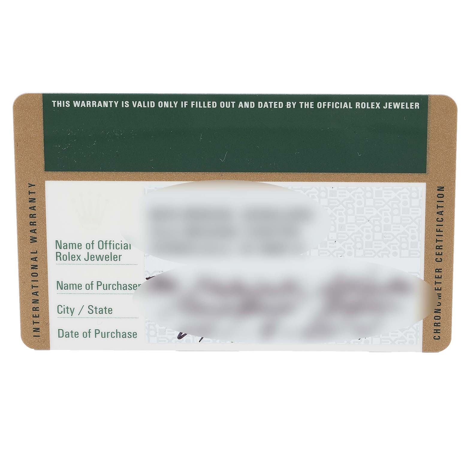 This image shows the International Warranty card for a Rolex Datejust 179171 Women's Steel and Gold (two tone) Silver Dial 179171 Women's Steel and Gold (two tone) Silver Dial watch, displaying warranty details and purchase information fields.